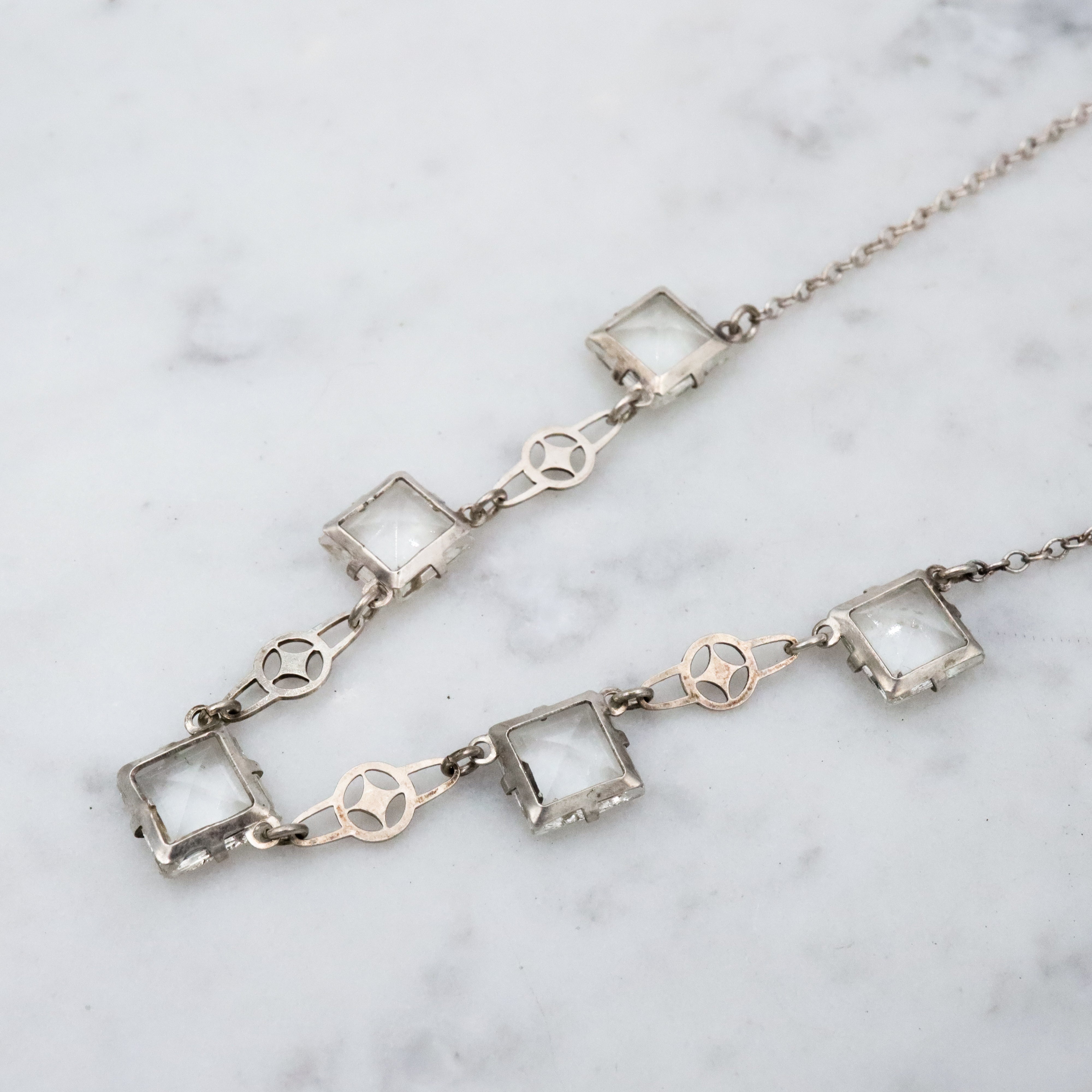 Antique Art Deco sterling block crystal open back necklace