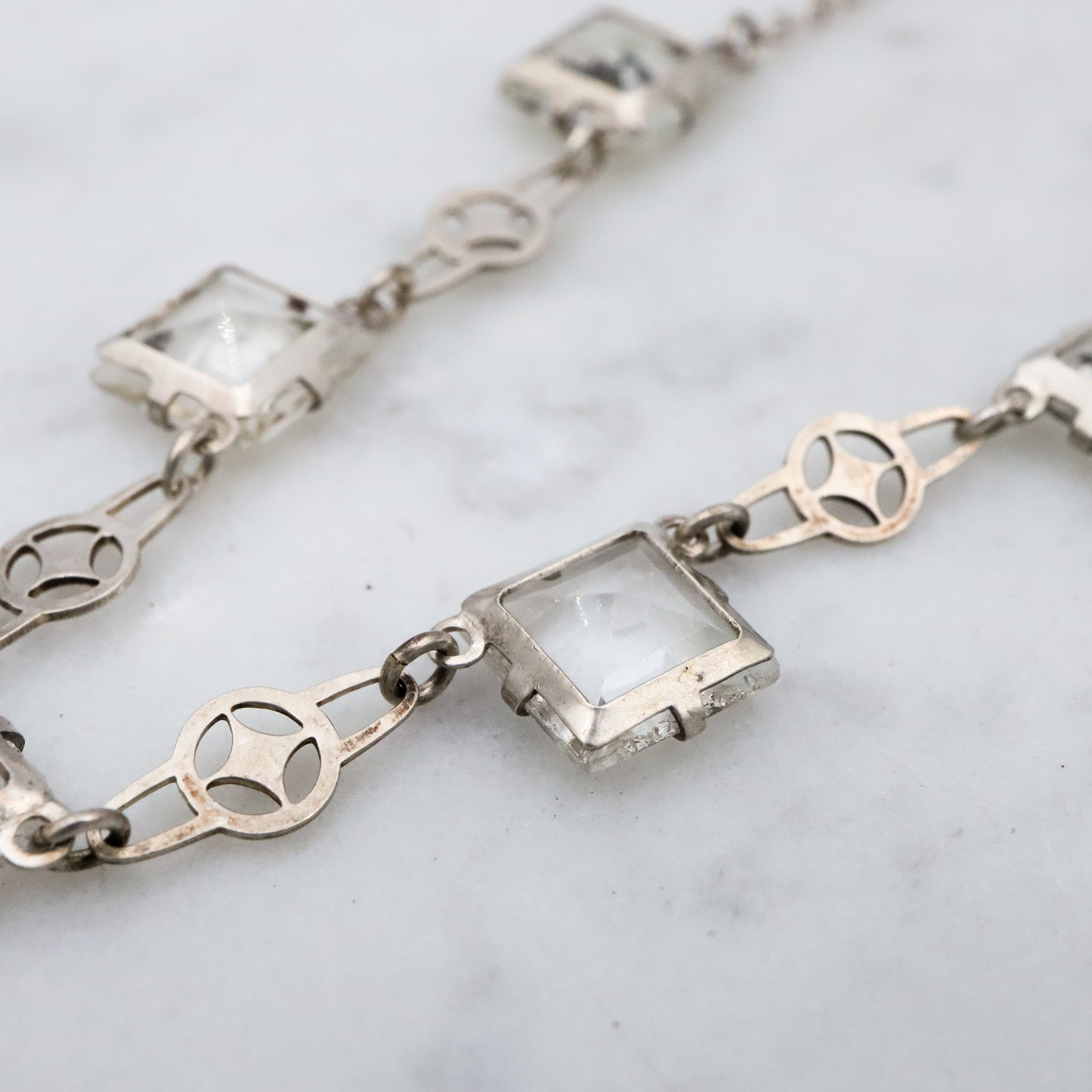 Antique Art Deco sterling block crystal open back necklace