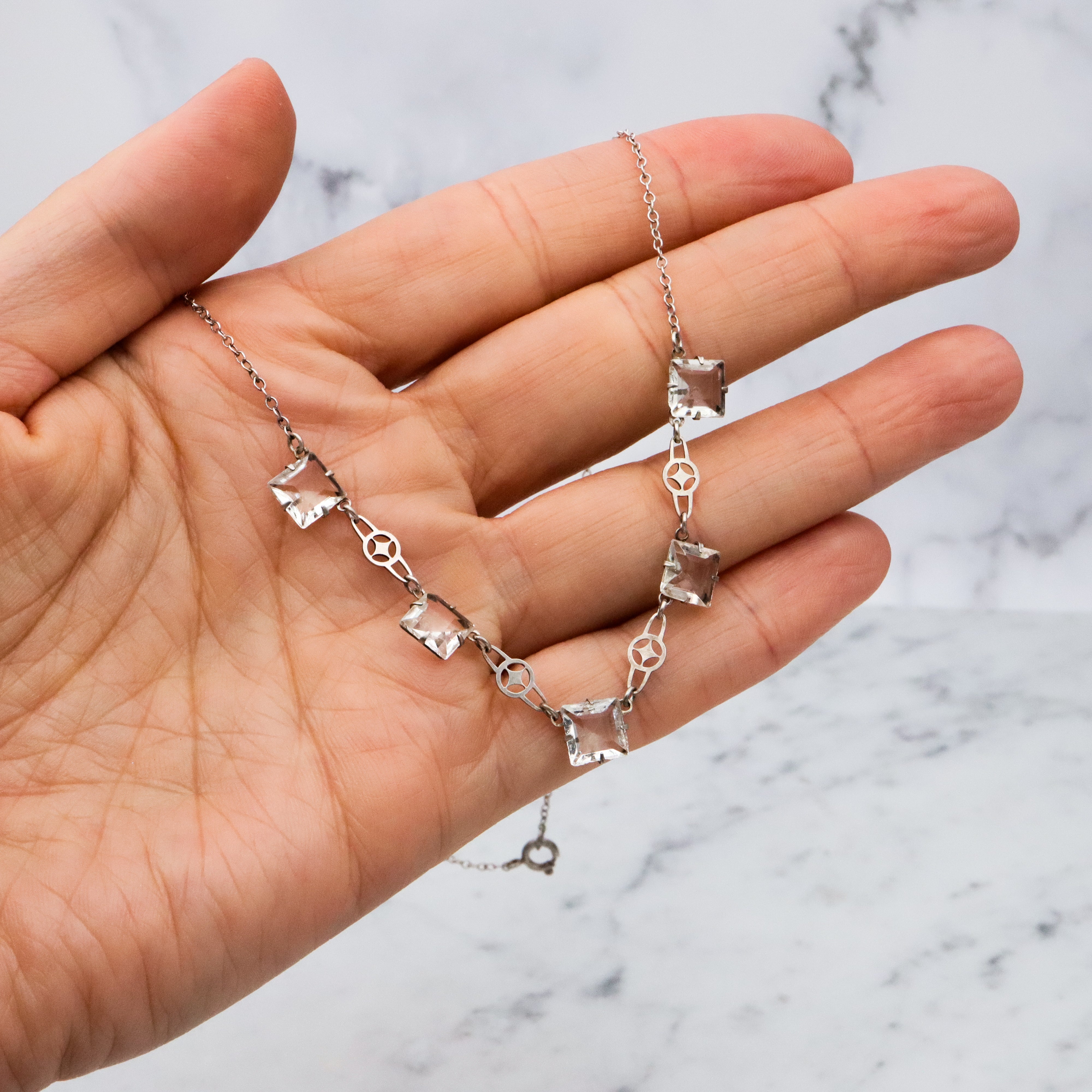 Antique Art Deco sterling block crystal open back necklace