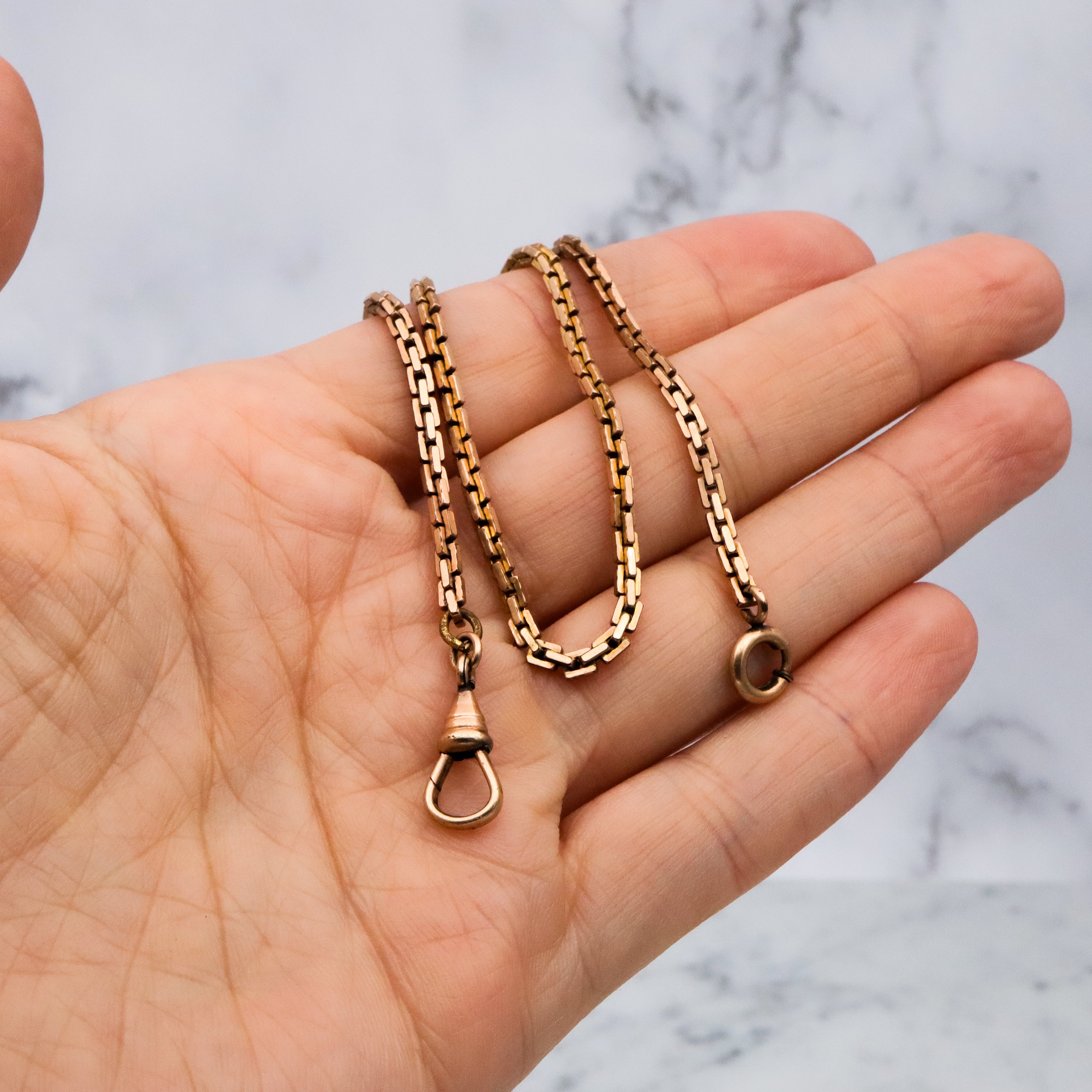 Antique Victorian gold filled flat square cable watch chain with dog clip necklace