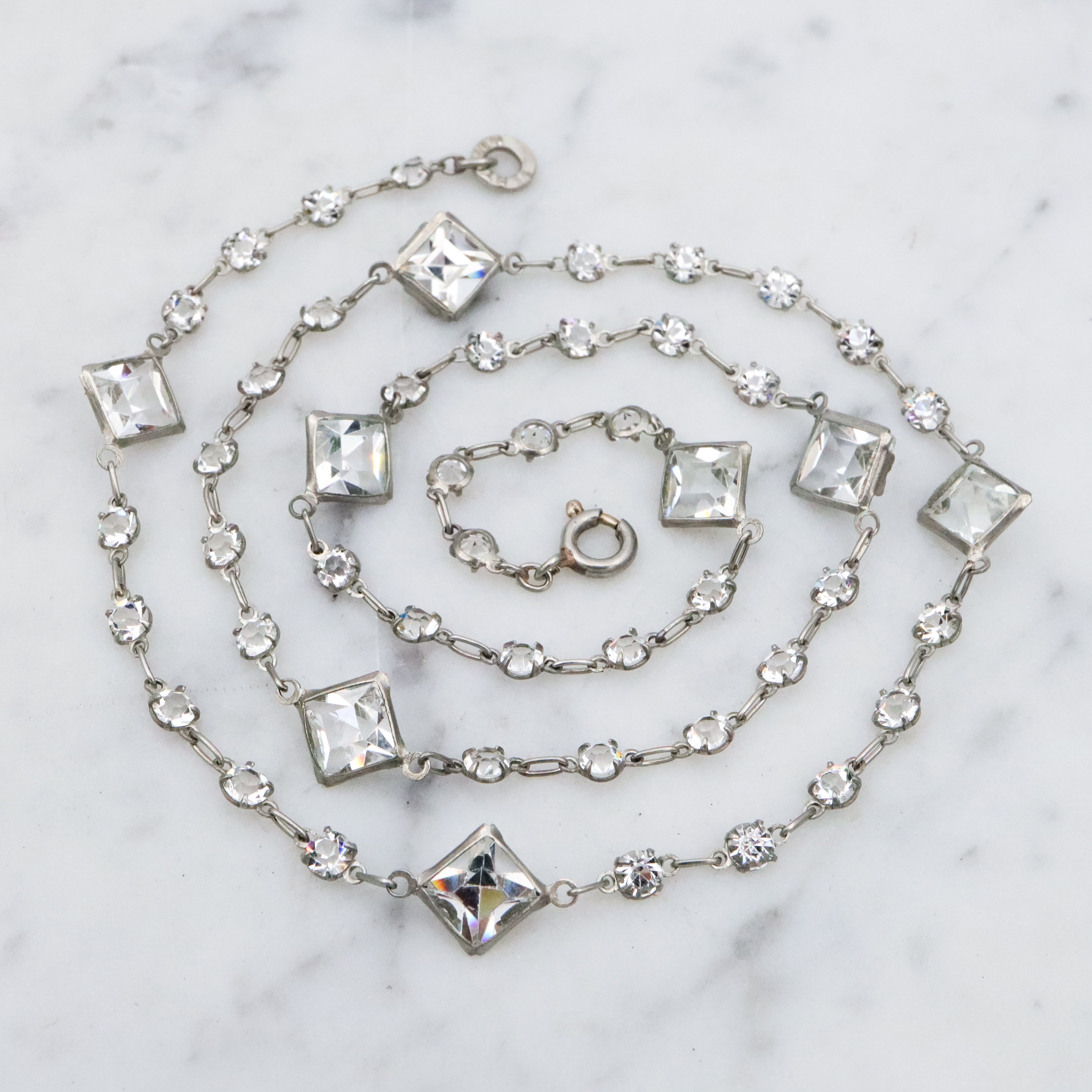 Antique Art Deco Platinon block crystal fancy prong set necklace
