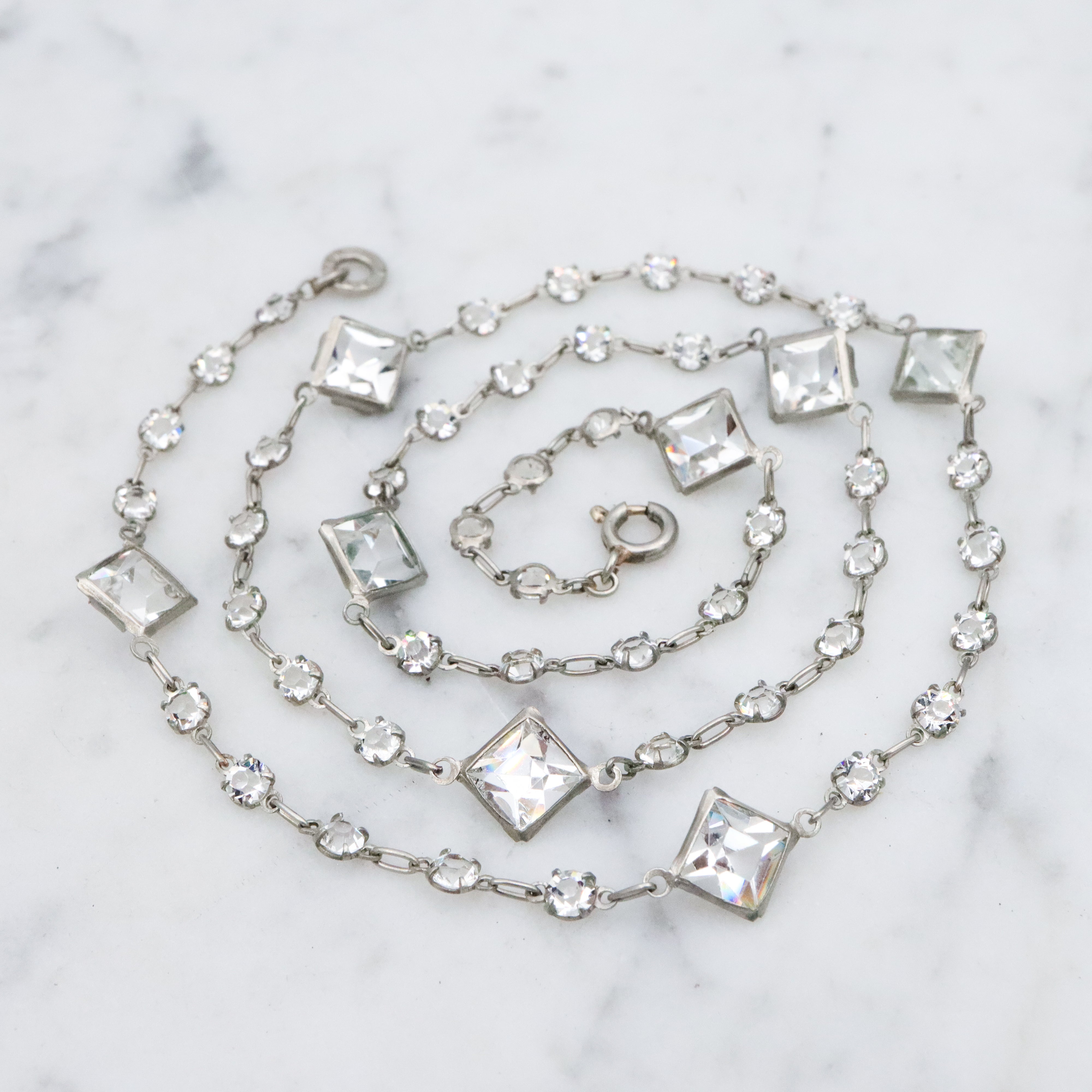 Antique Art Deco Platinon block crystal fancy prong set necklace