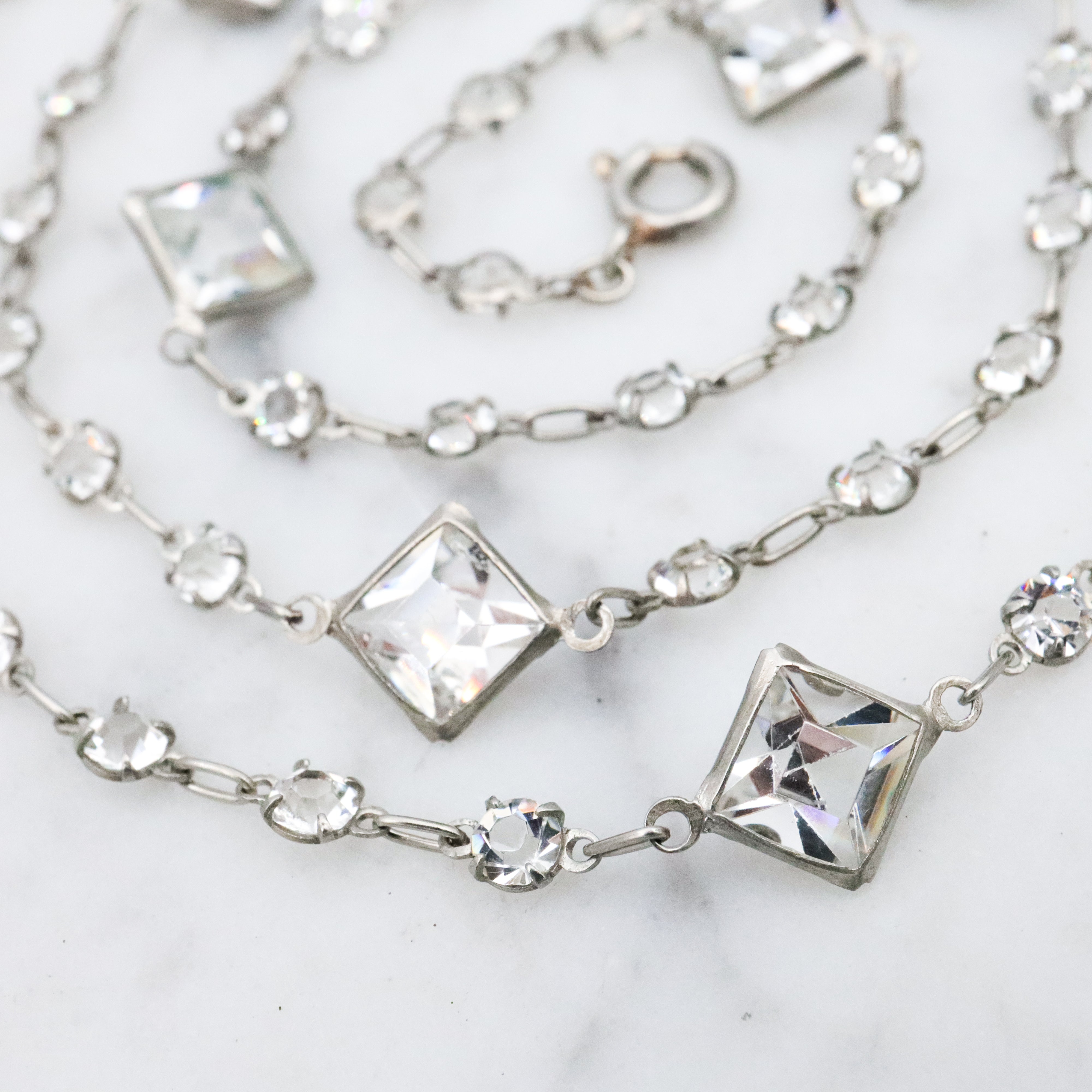 Antique Art Deco Platinon block crystal fancy prong set necklace