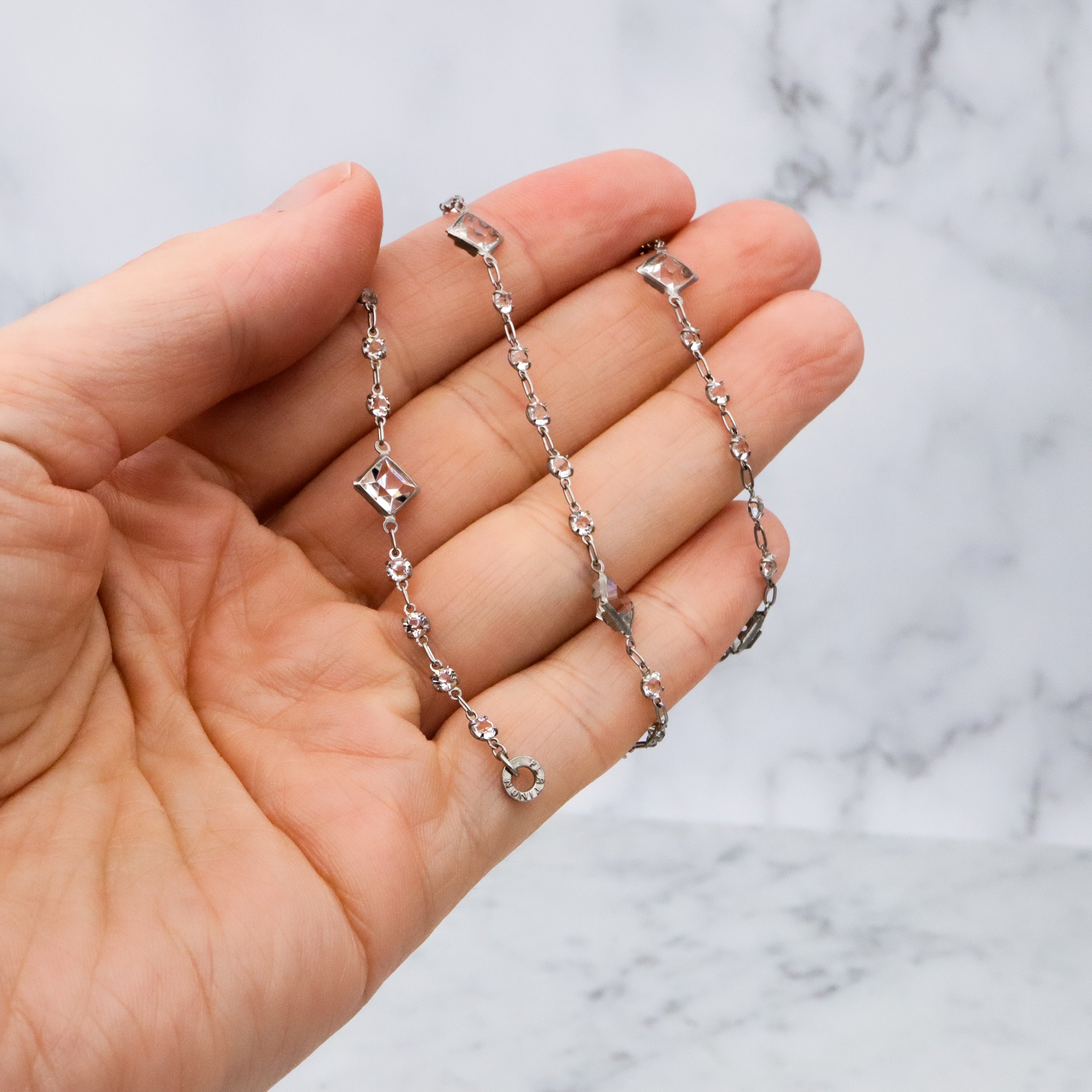 Antique Art Deco Platinon block crystal fancy prong set necklace