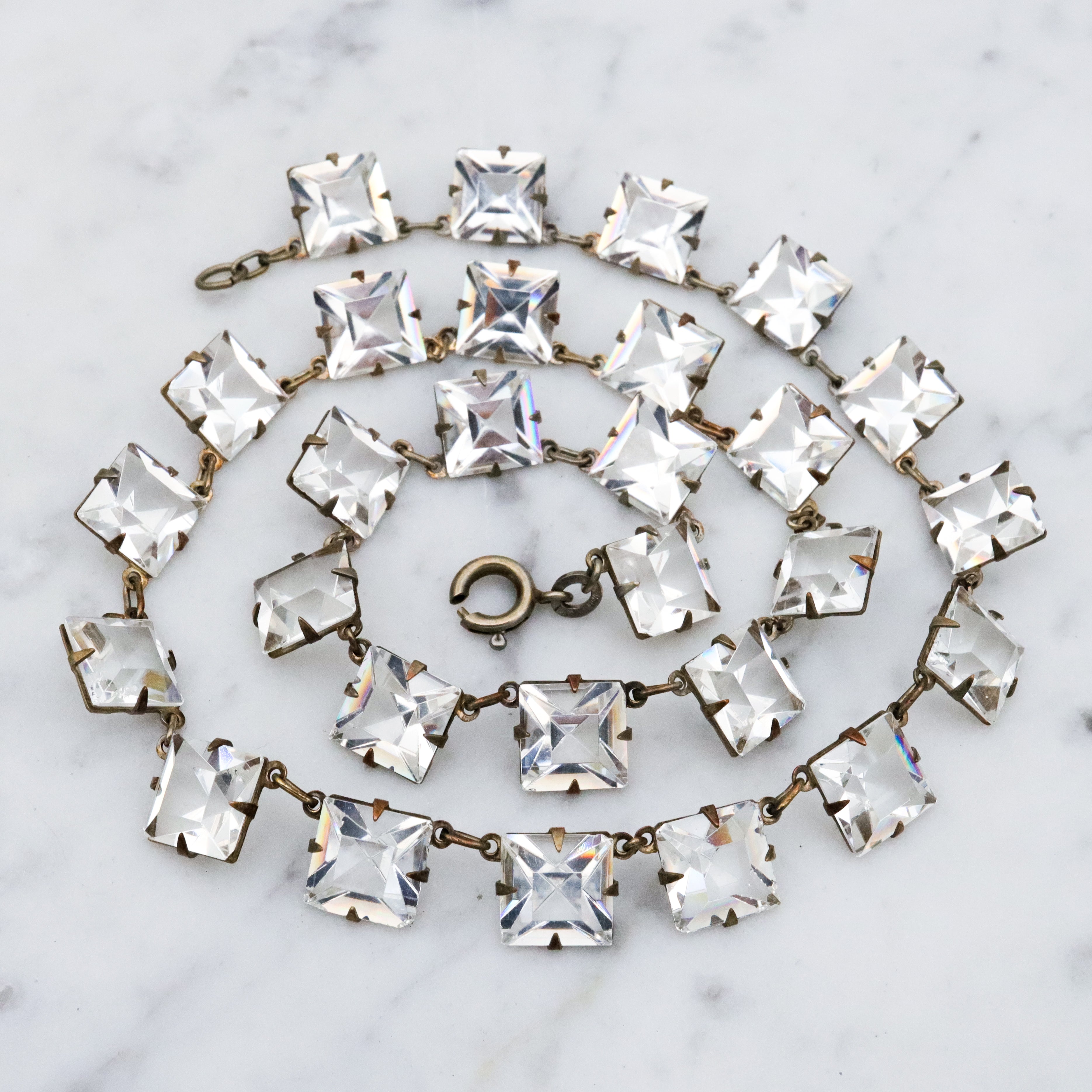 Antique Art Deco Platinon silver plated square open back crystal riviere necklace