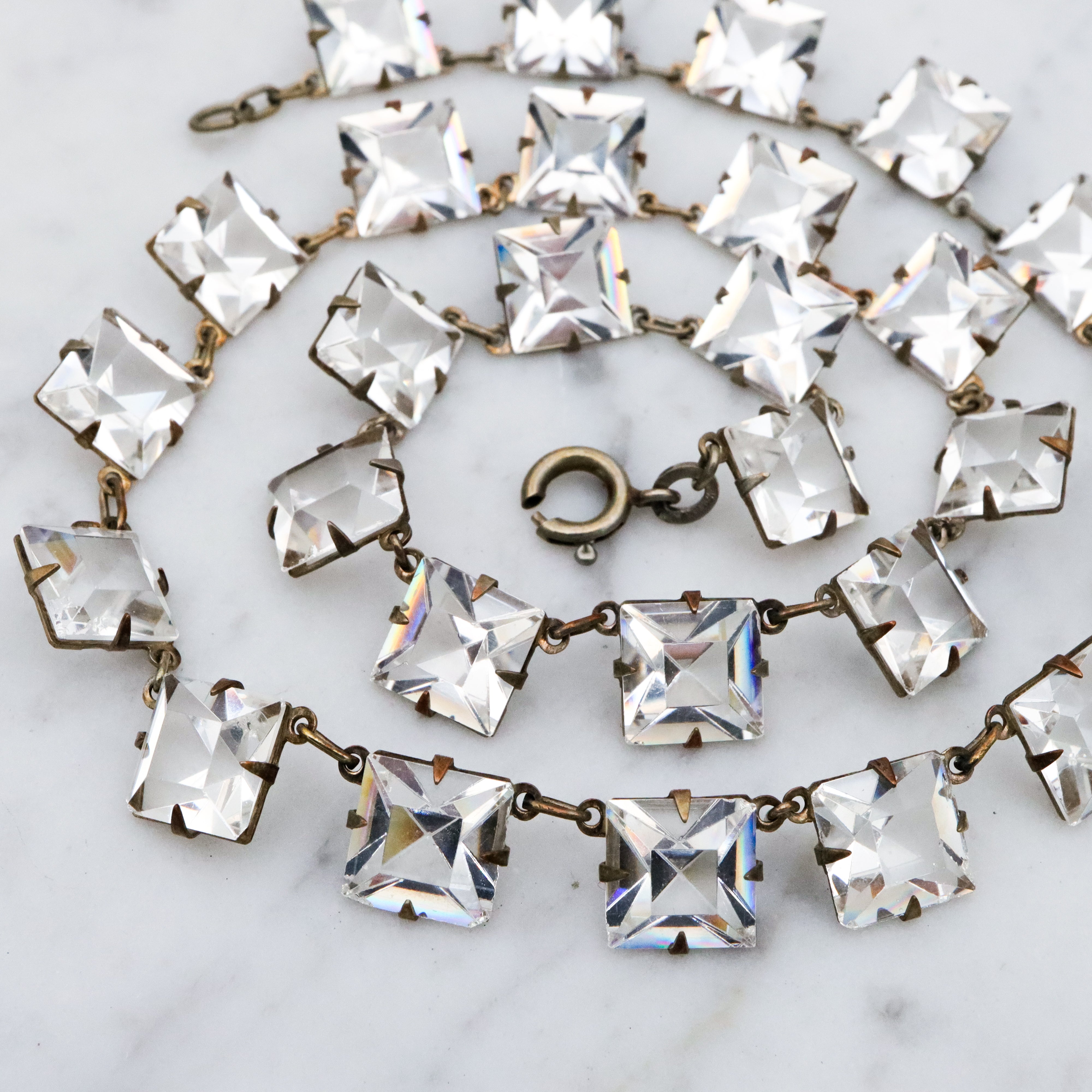 Antique Art Deco Platinon silver plated square open back crystal riviere necklace