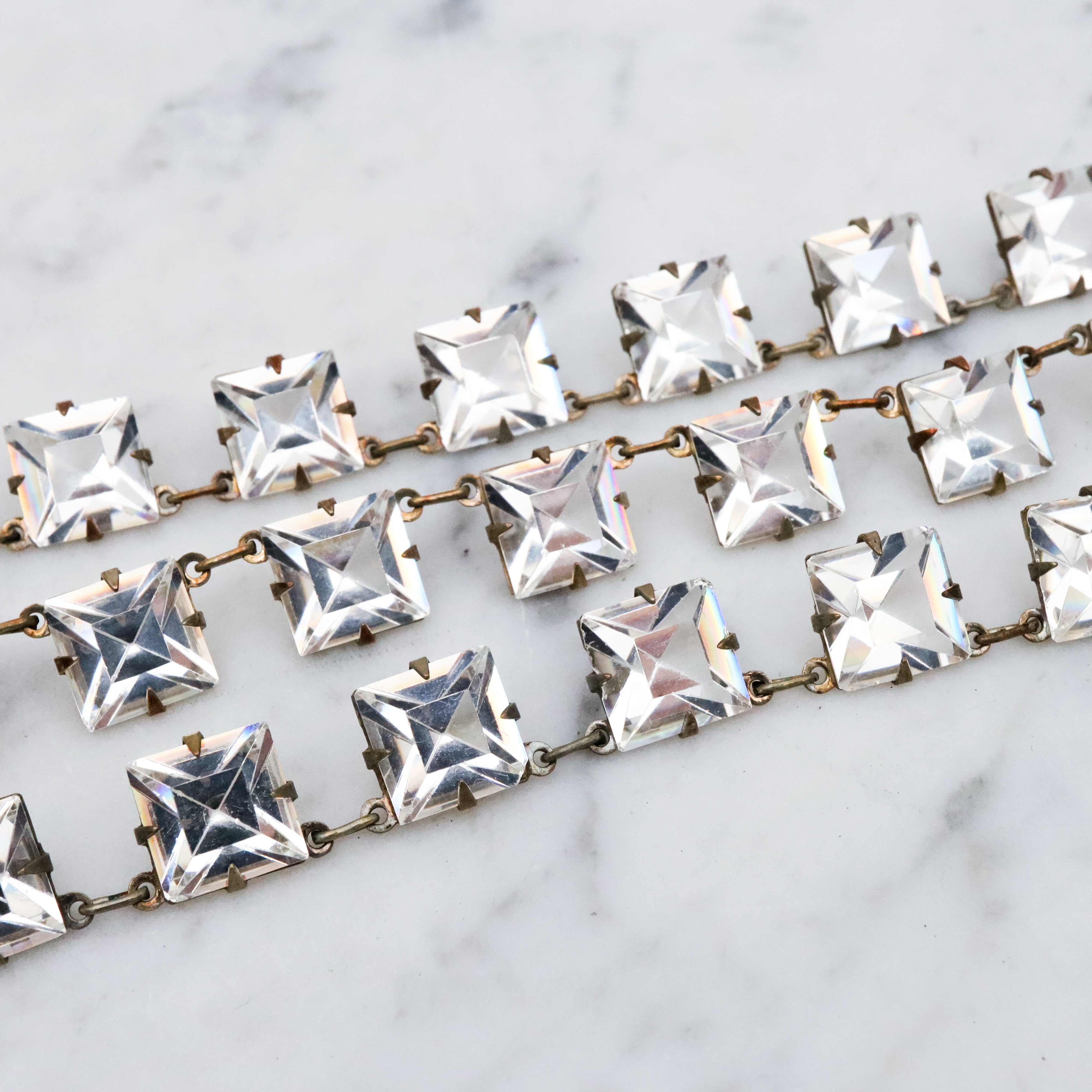 Antique Art Deco Platinon silver plated square open back crystal riviere necklace