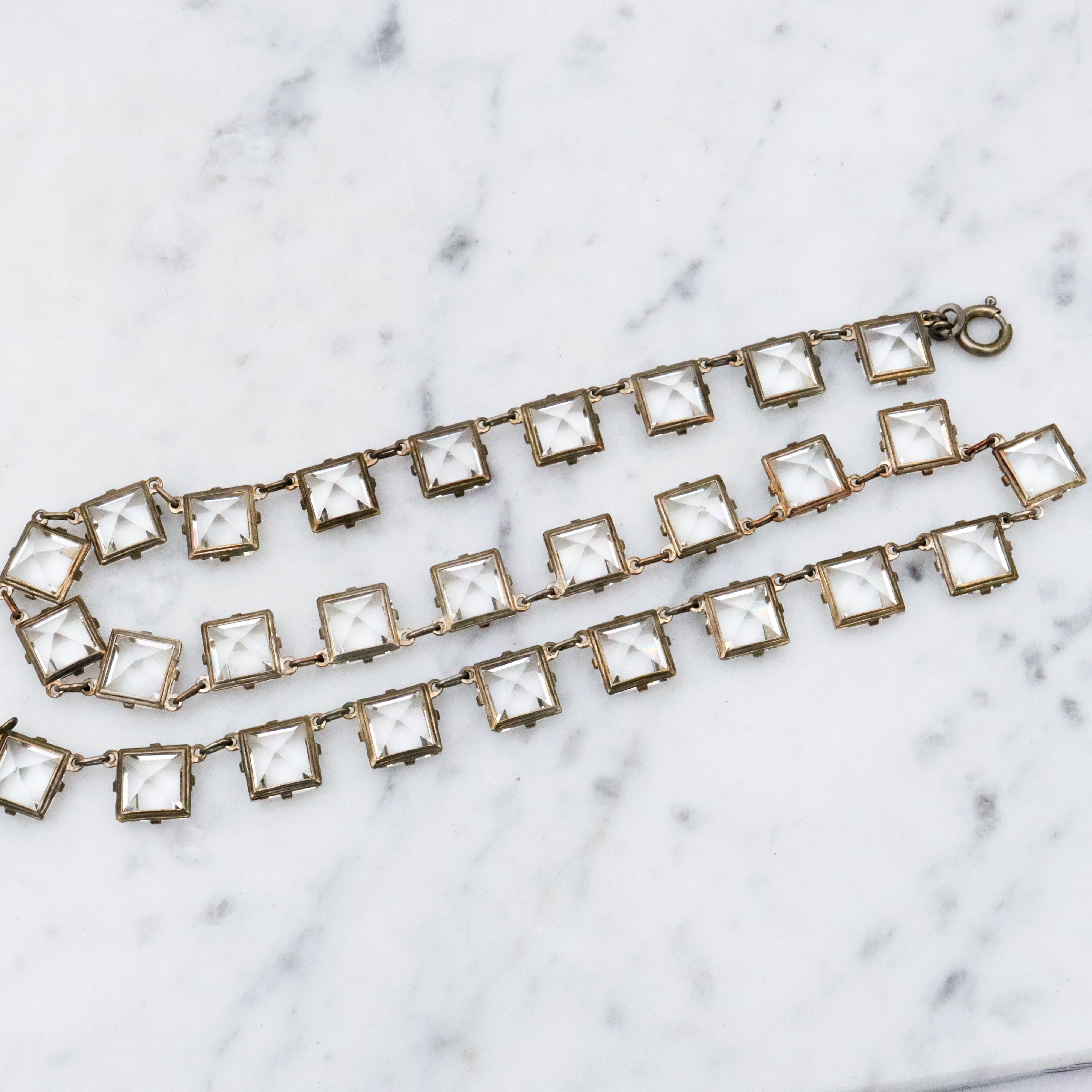 Antique Art Deco Platinon silver plated square open back crystal riviere necklace