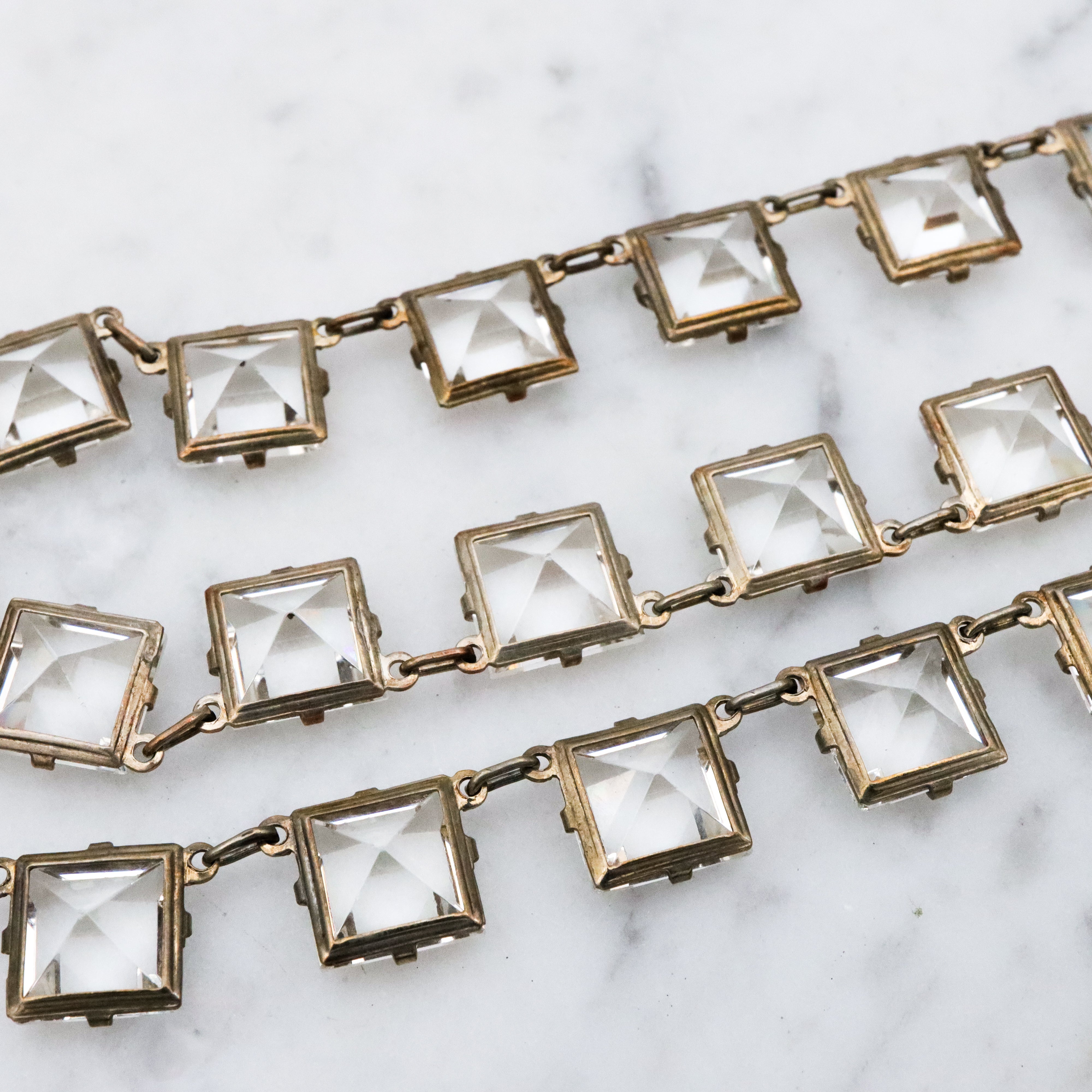 Antique Art Deco Platinon silver plated square open back crystal riviere necklace