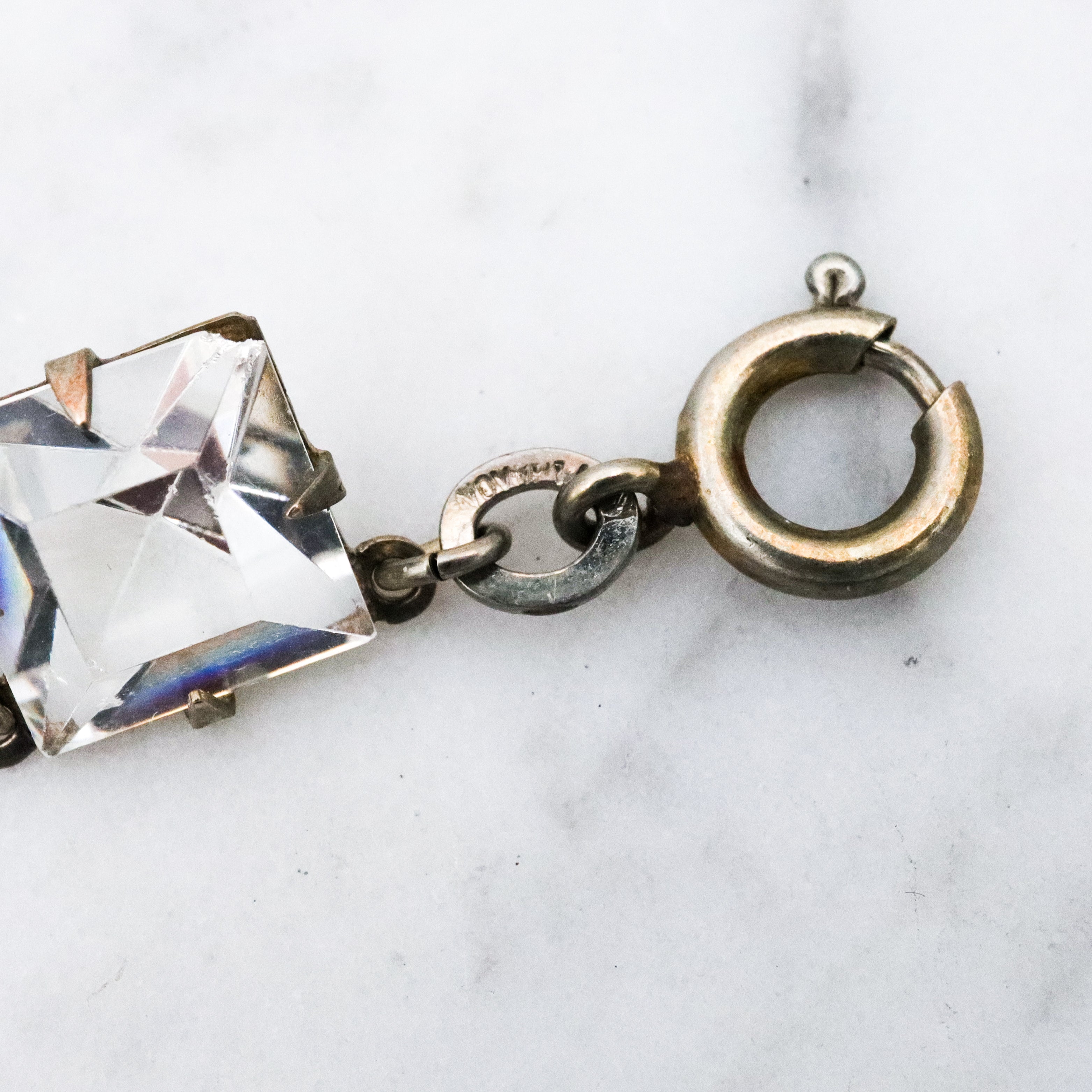 Antique Art Deco Platinon silver plated square open back crystal riviere necklace