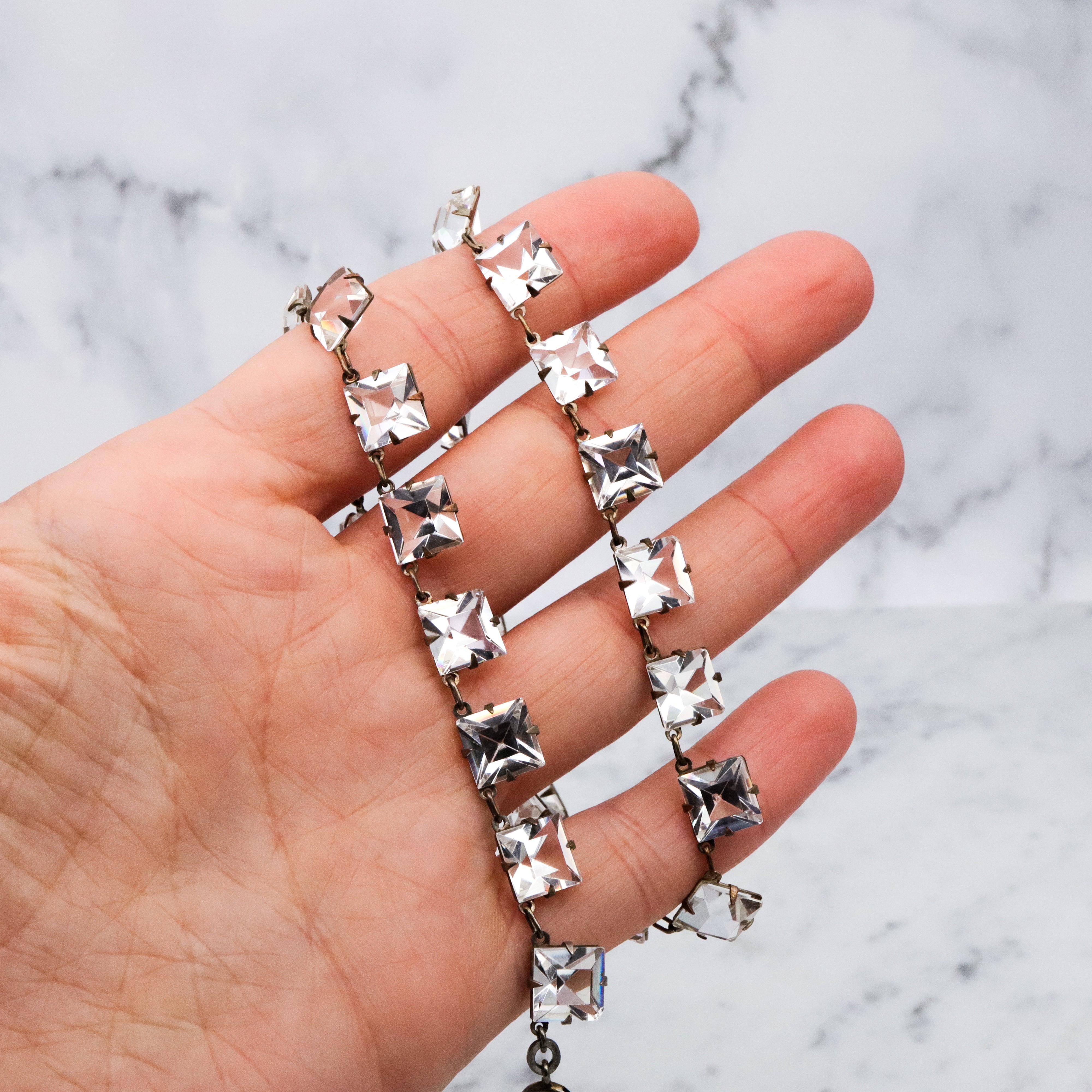 Antique Art Deco Platinon silver plated square open back crystal riviere necklace