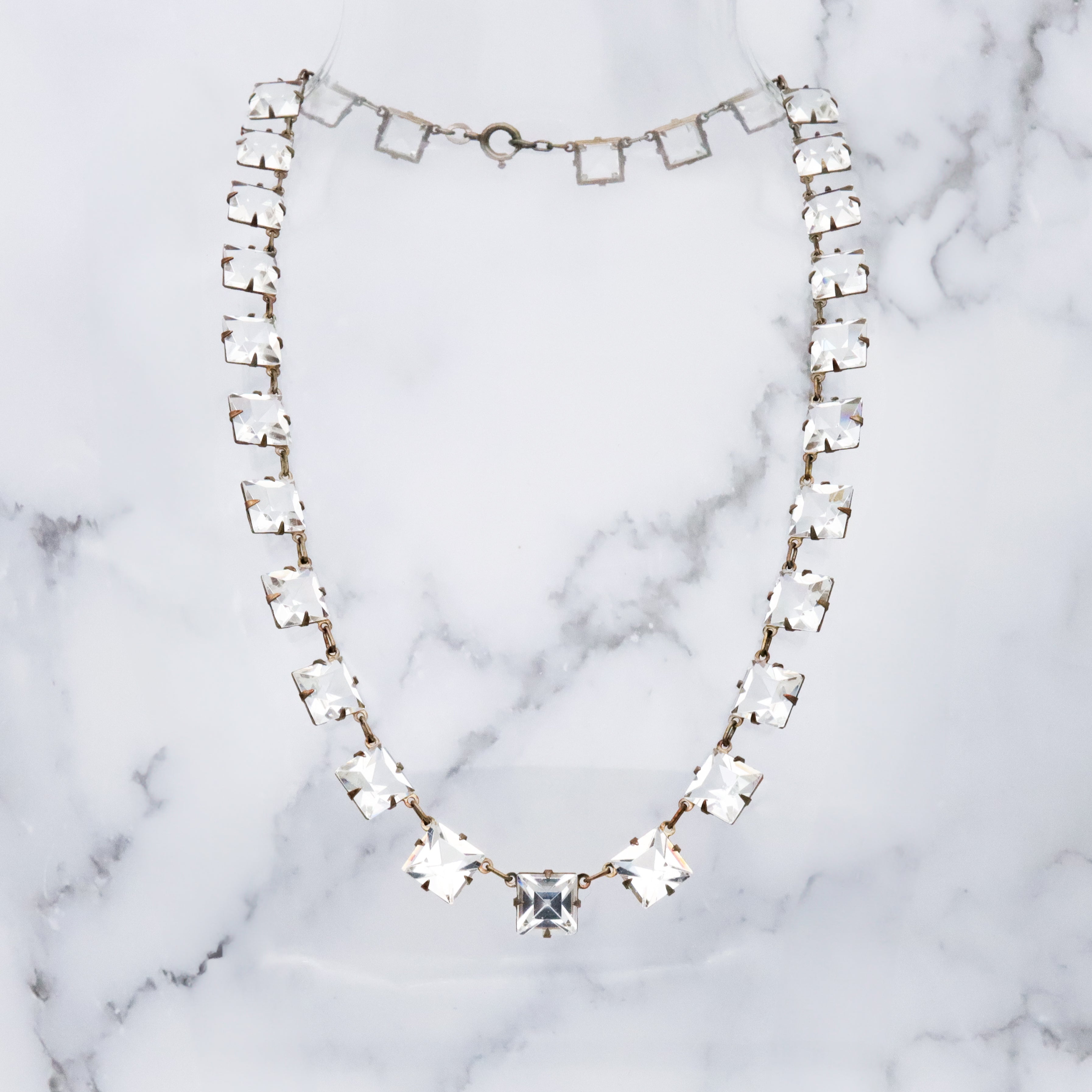 Antique Art Deco Platinon silver plated square open back crystal riviere necklace