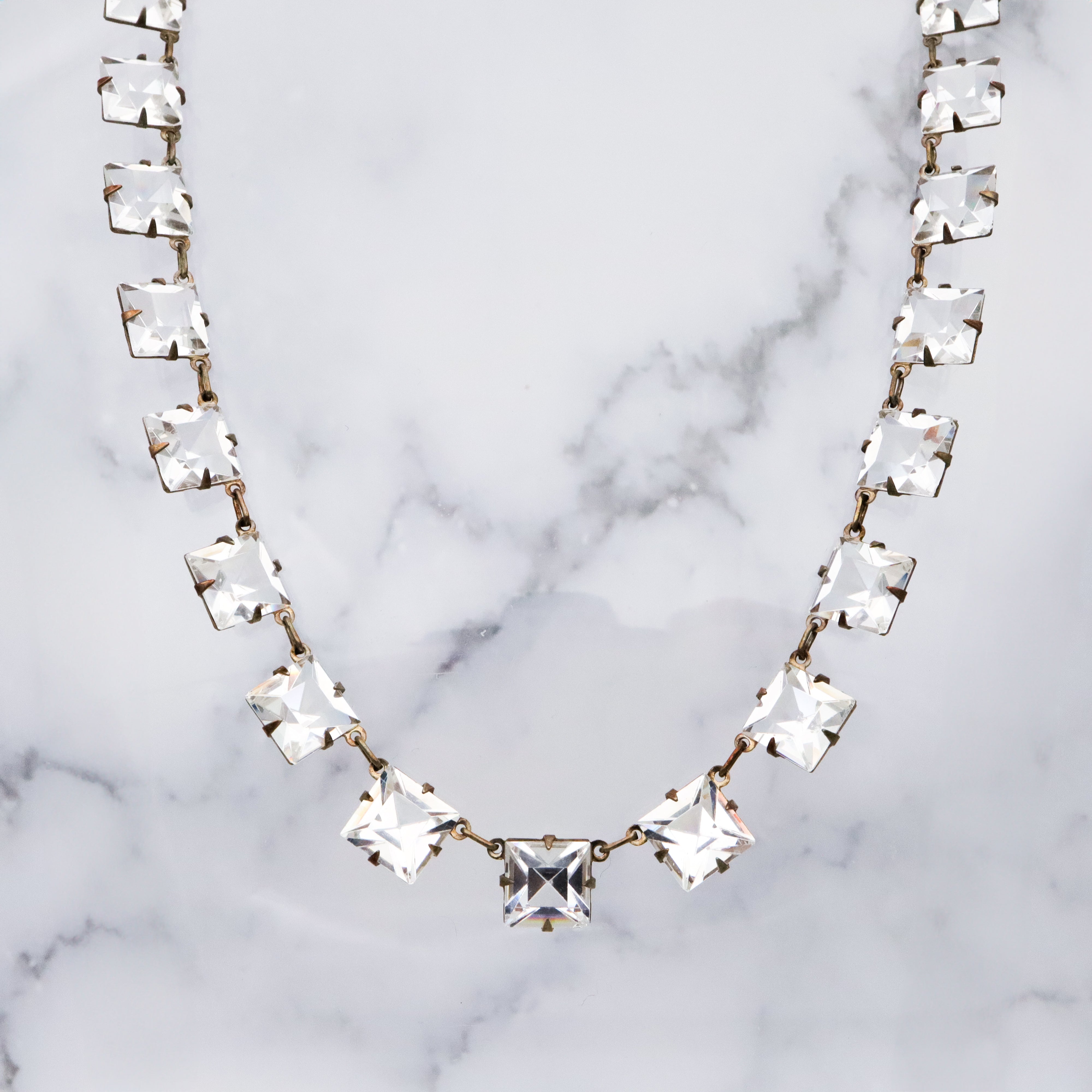 Antique Art Deco Platinon silver plated square open back crystal riviere necklace