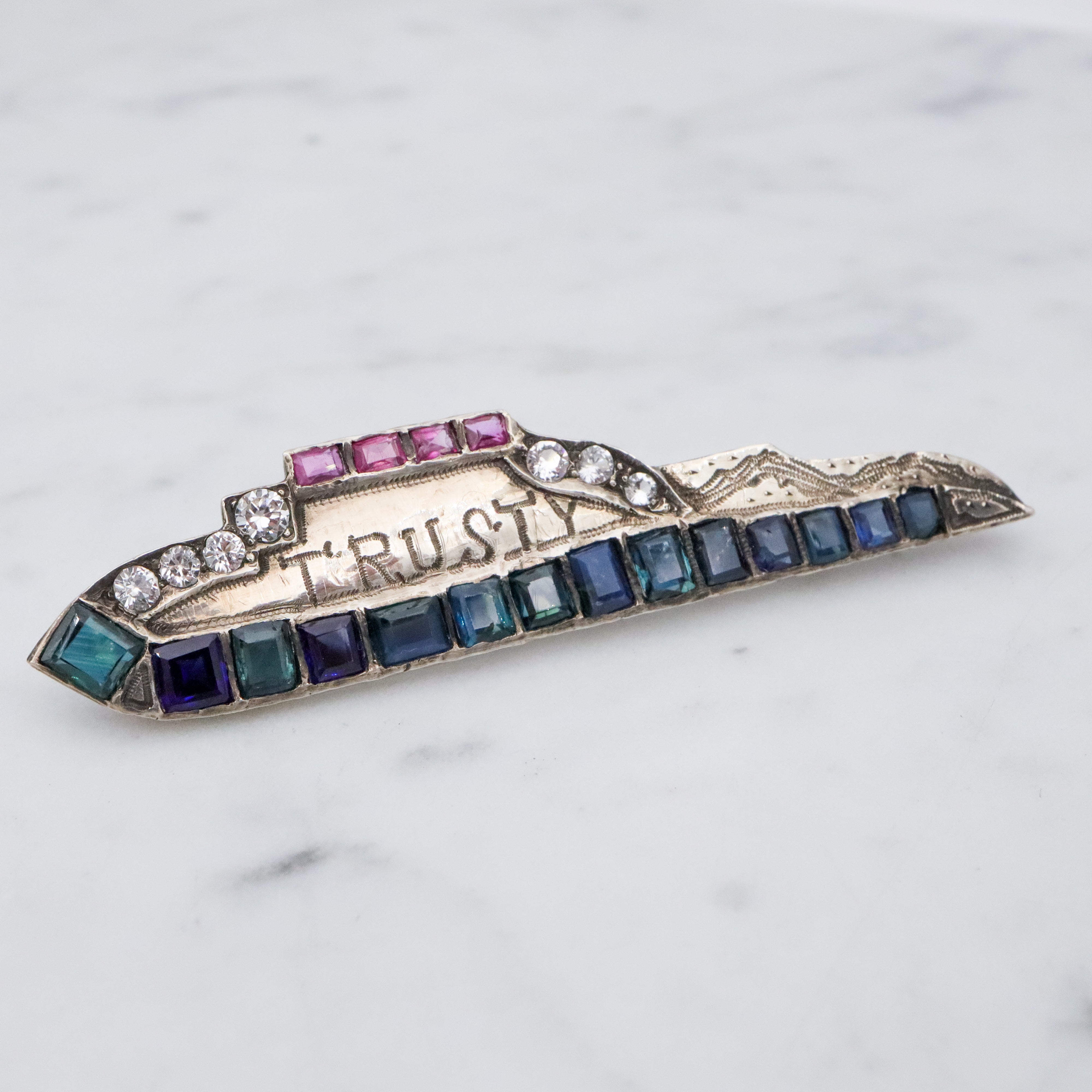 Antique Art Deco WWII "Trusty" sterling, ruby, sapphire, & quartz sweetheart ship brooch
