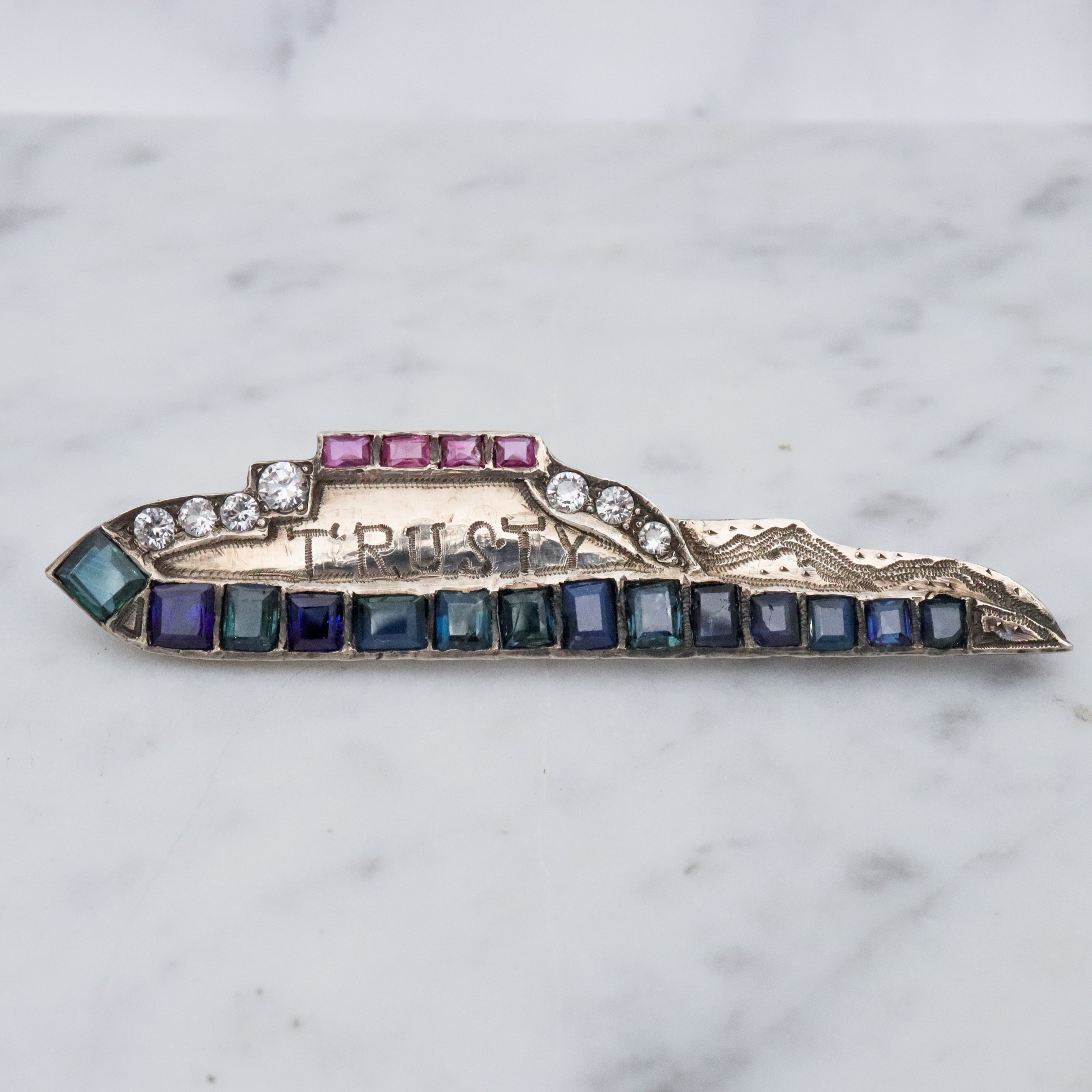 Antique Art Deco WWII "Trusty" sterling, ruby, sapphire, & quartz sweetheart ship brooch
