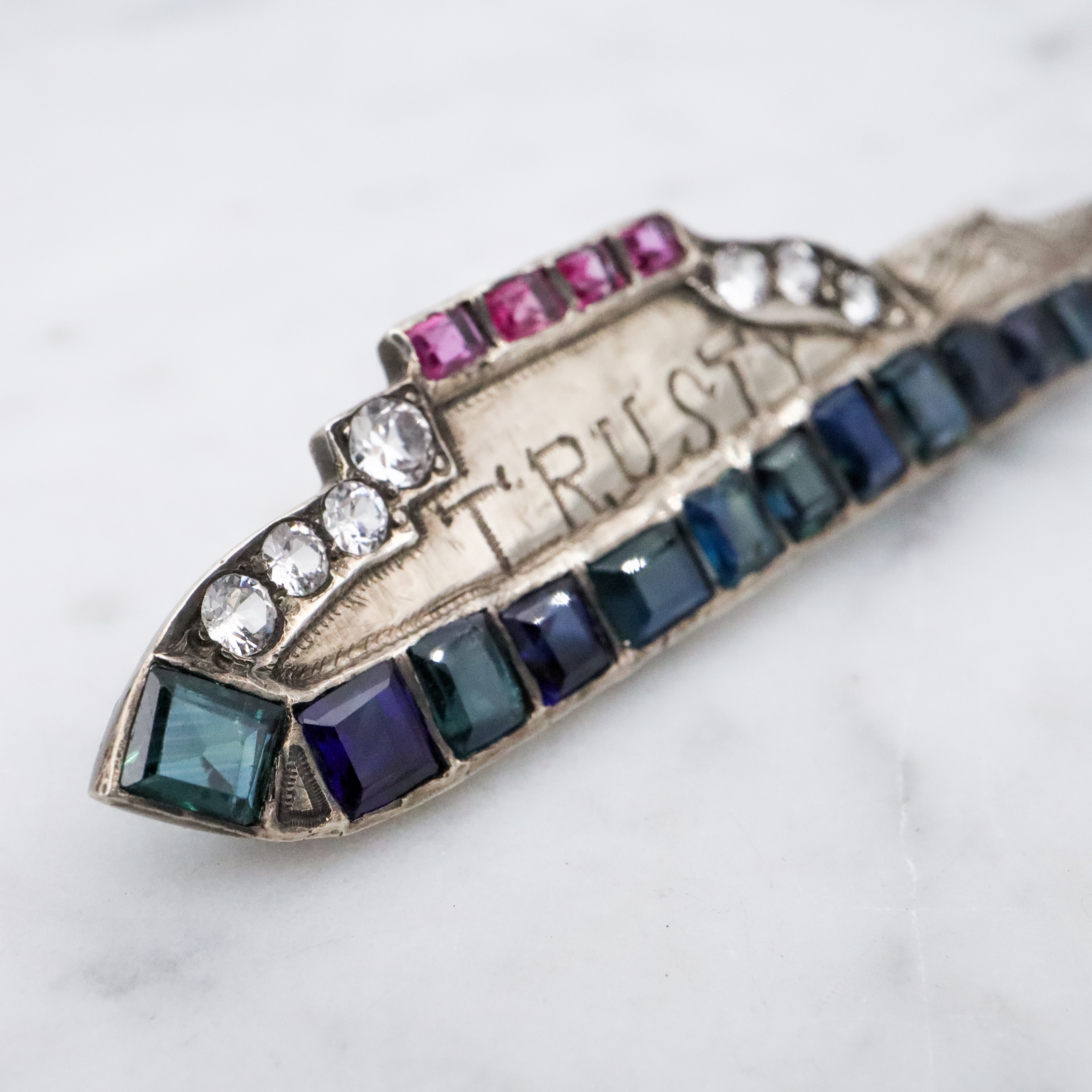 Antique Art Deco WWII "Trusty" sterling, ruby, sapphire, & quartz sweetheart ship brooch