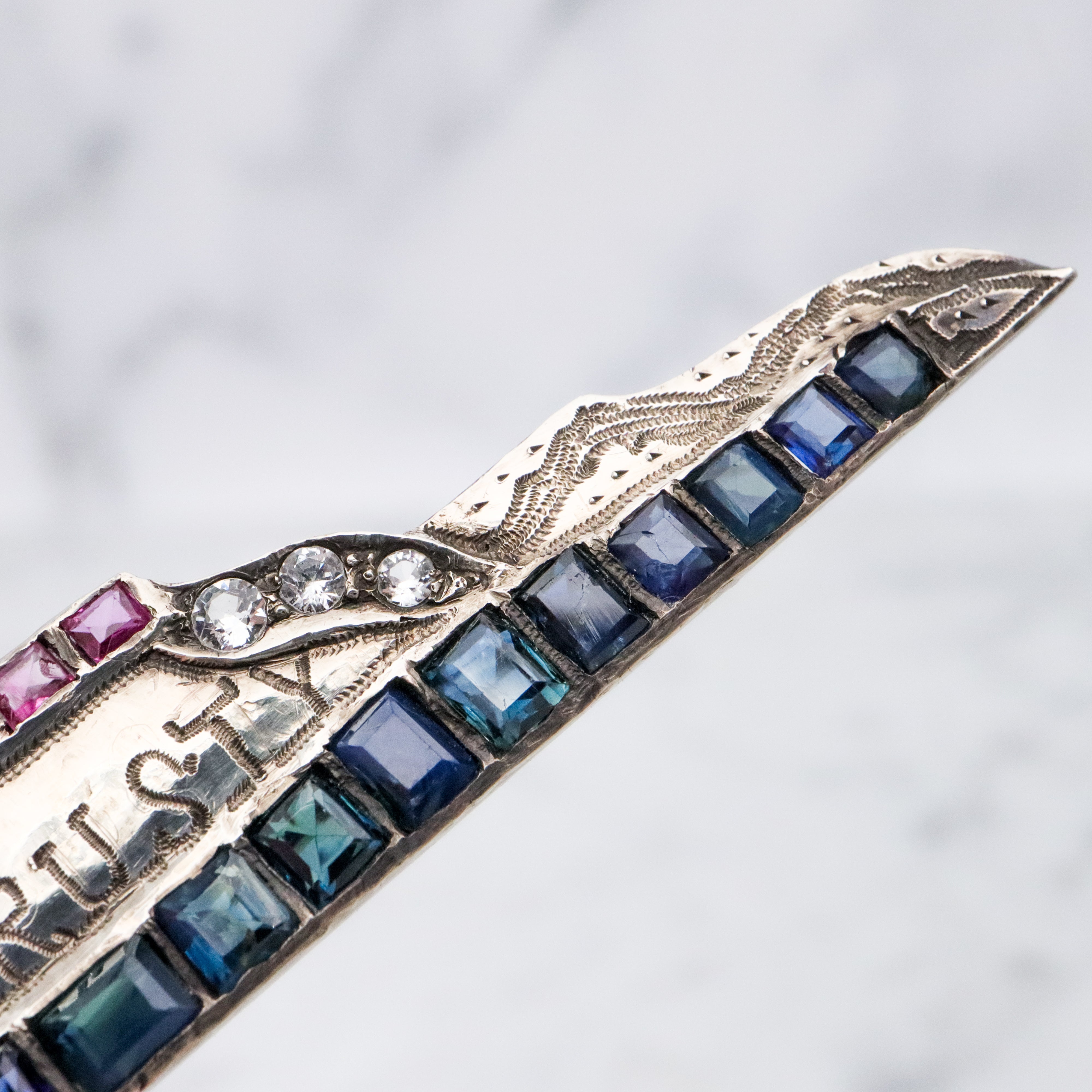 Antique Art Deco WWII "Trusty" sterling, ruby, sapphire, & quartz sweetheart ship brooch