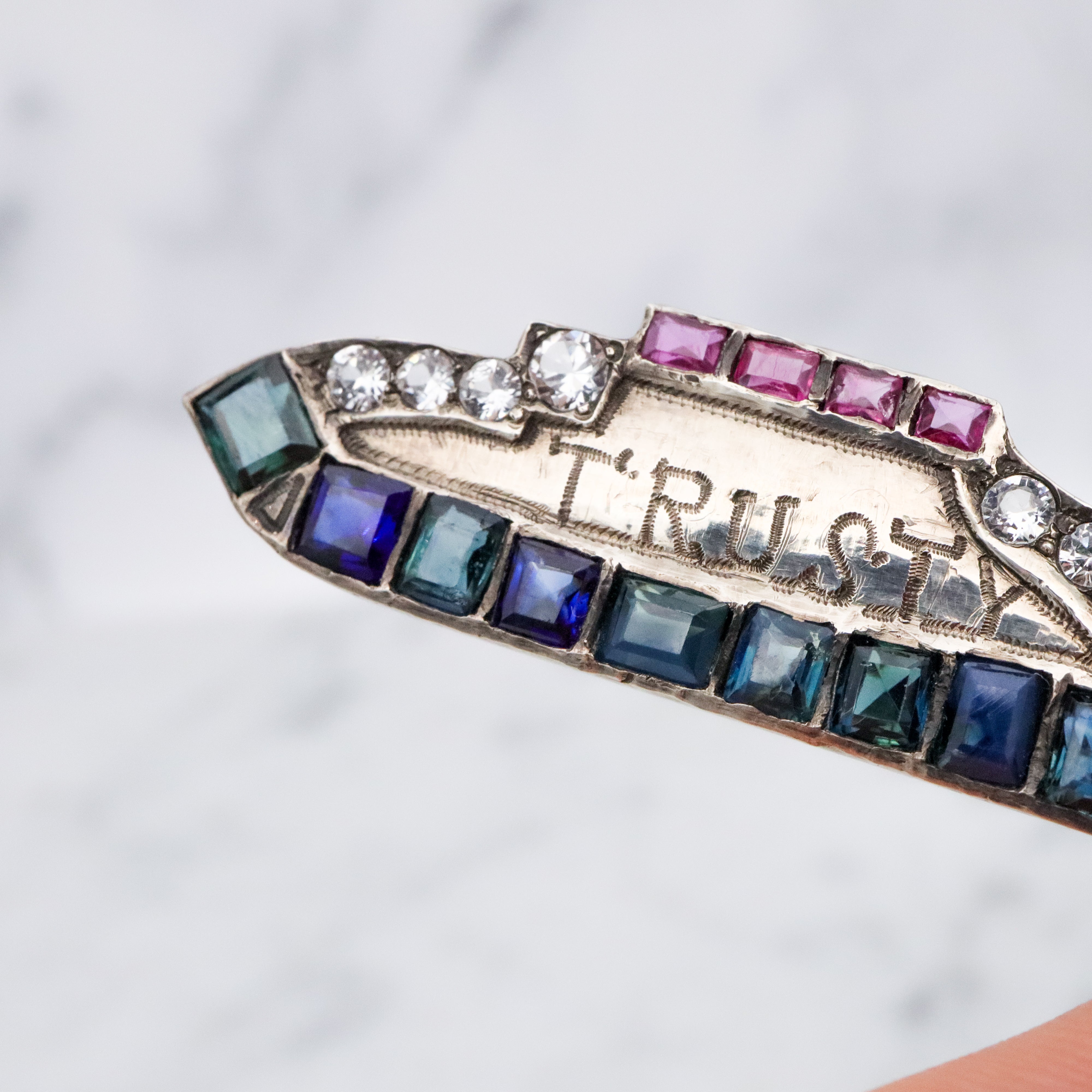 Antique Art Deco WWII "Trusty" sterling, ruby, sapphire, & quartz sweetheart ship brooch