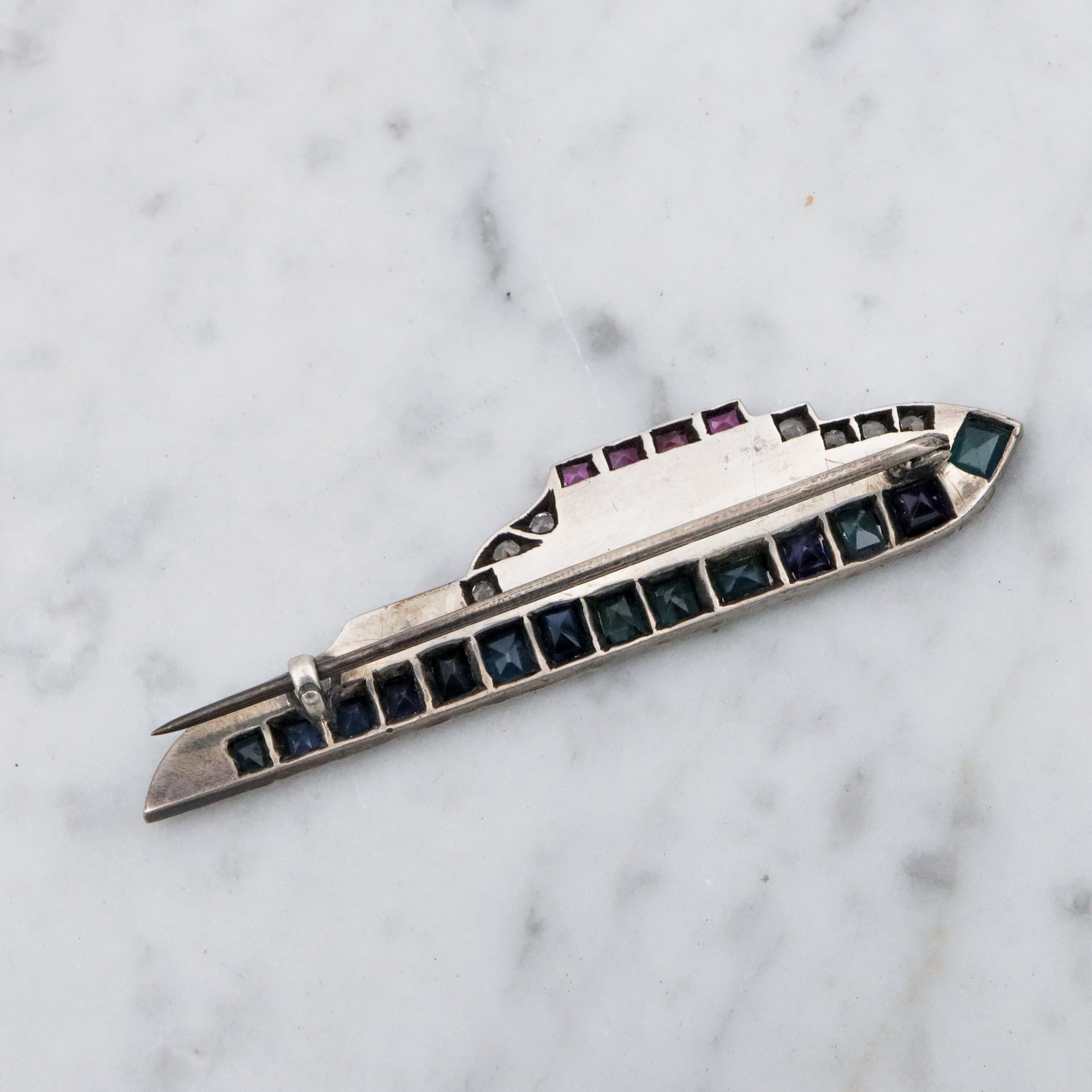 Antique Art Deco WWII "Trusty" sterling, ruby, sapphire, & quartz sweetheart ship brooch