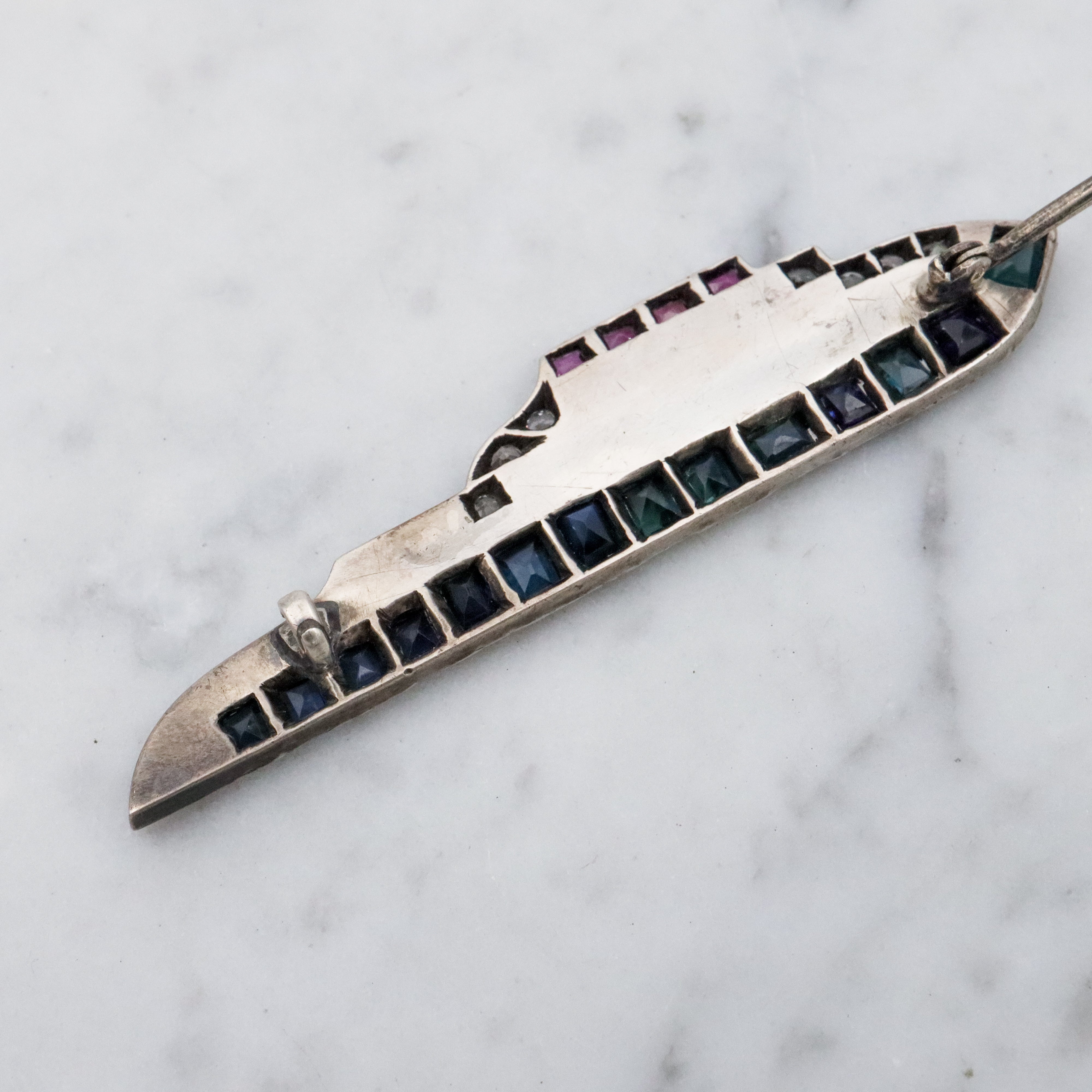 Antique Art Deco WWII "Trusty" sterling, ruby, sapphire, & quartz sweetheart ship brooch