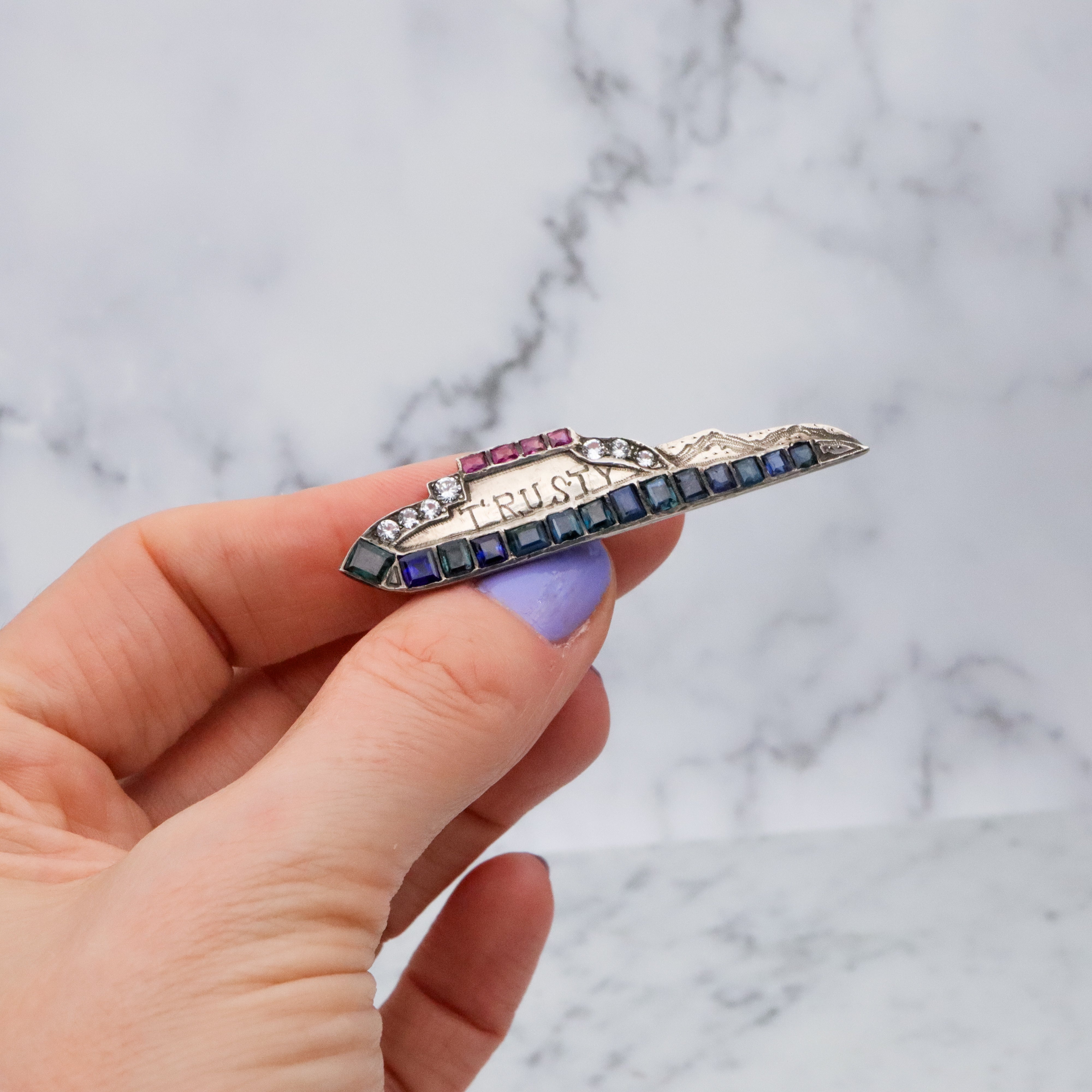 Antique Art Deco WWII "Trusty" sterling, ruby, sapphire, & quartz sweetheart ship brooch