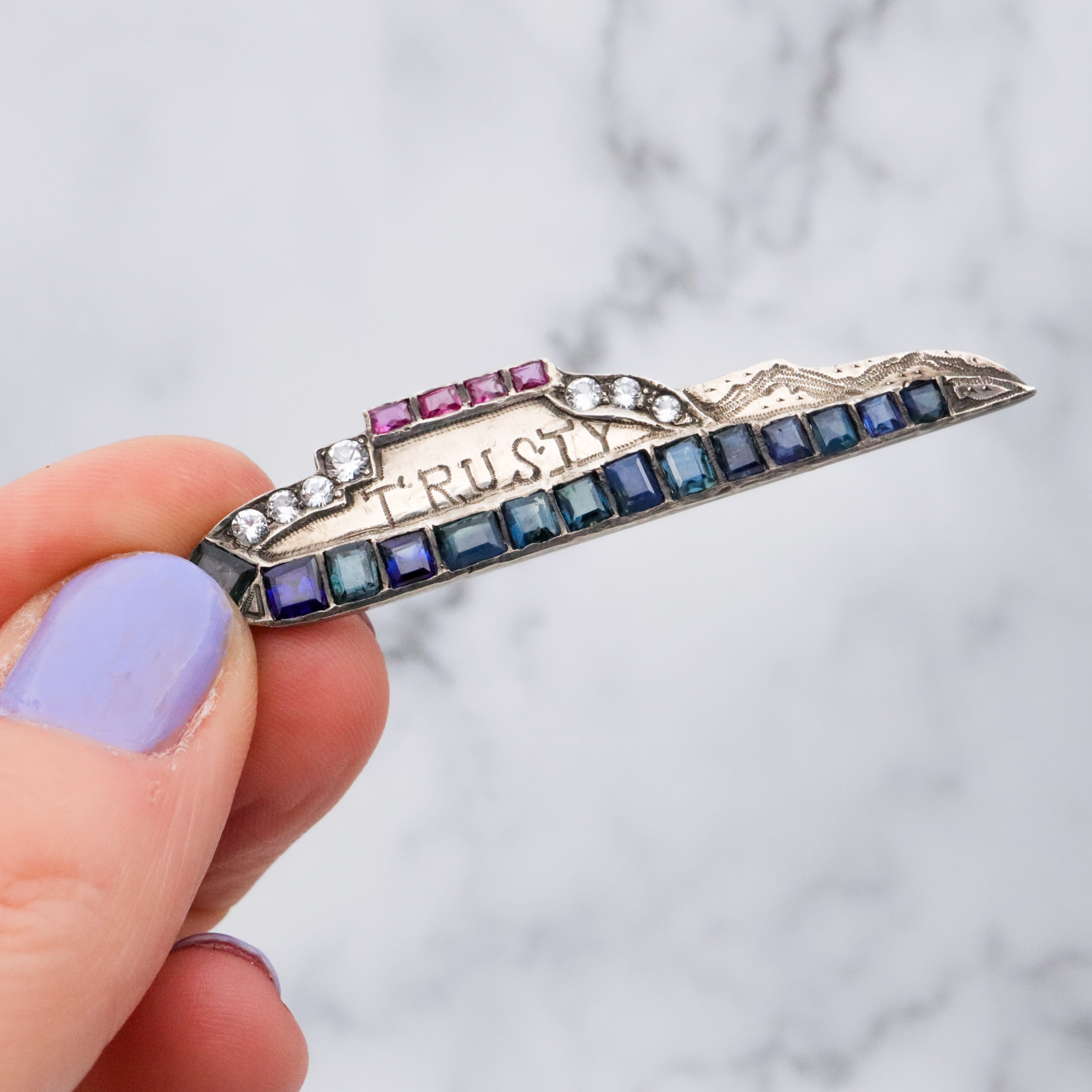 Antique Art Deco WWII "Trusty" sterling, ruby, sapphire, & quartz sweetheart ship brooch