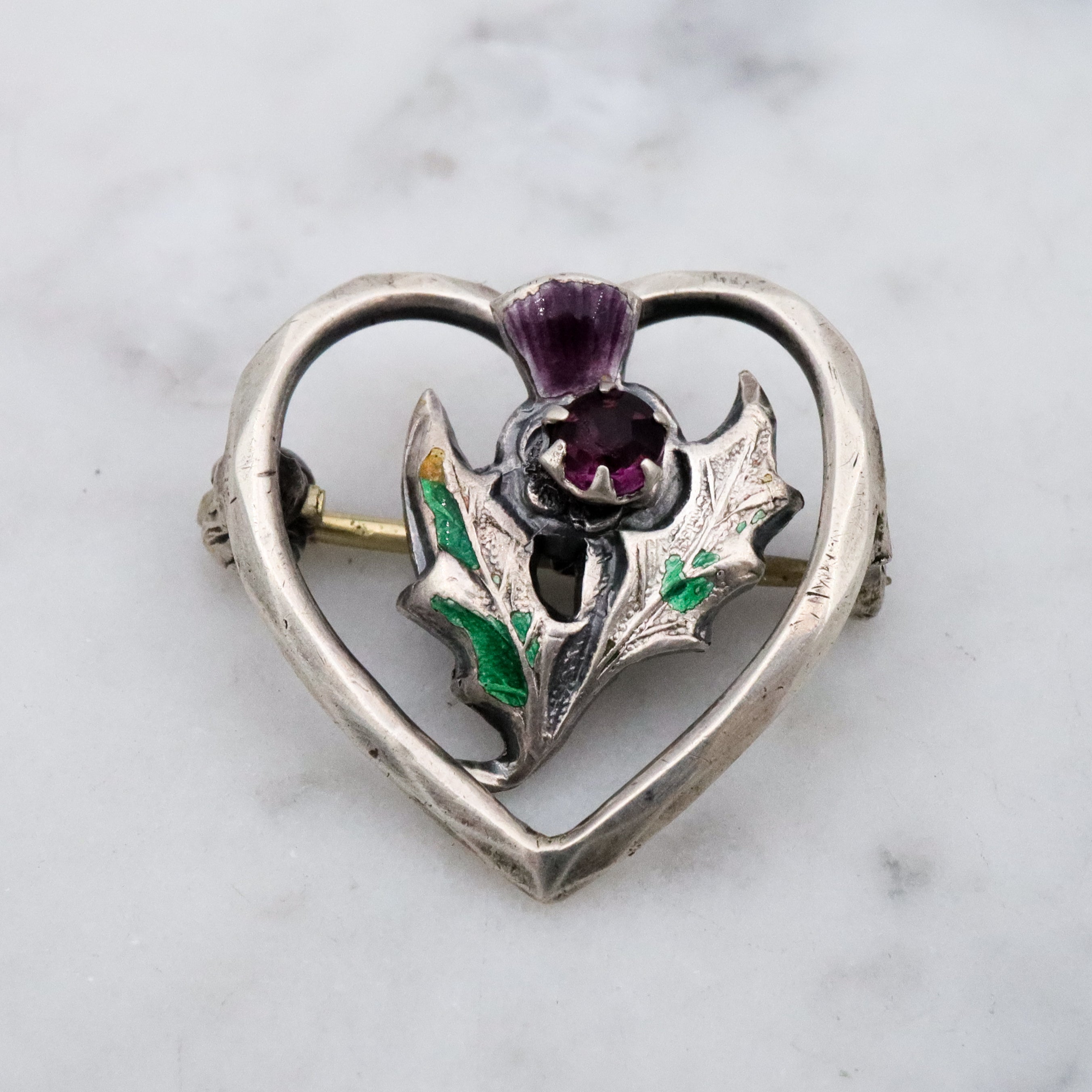 Antique Charles Horner sterling enamel thistle flower heart pin