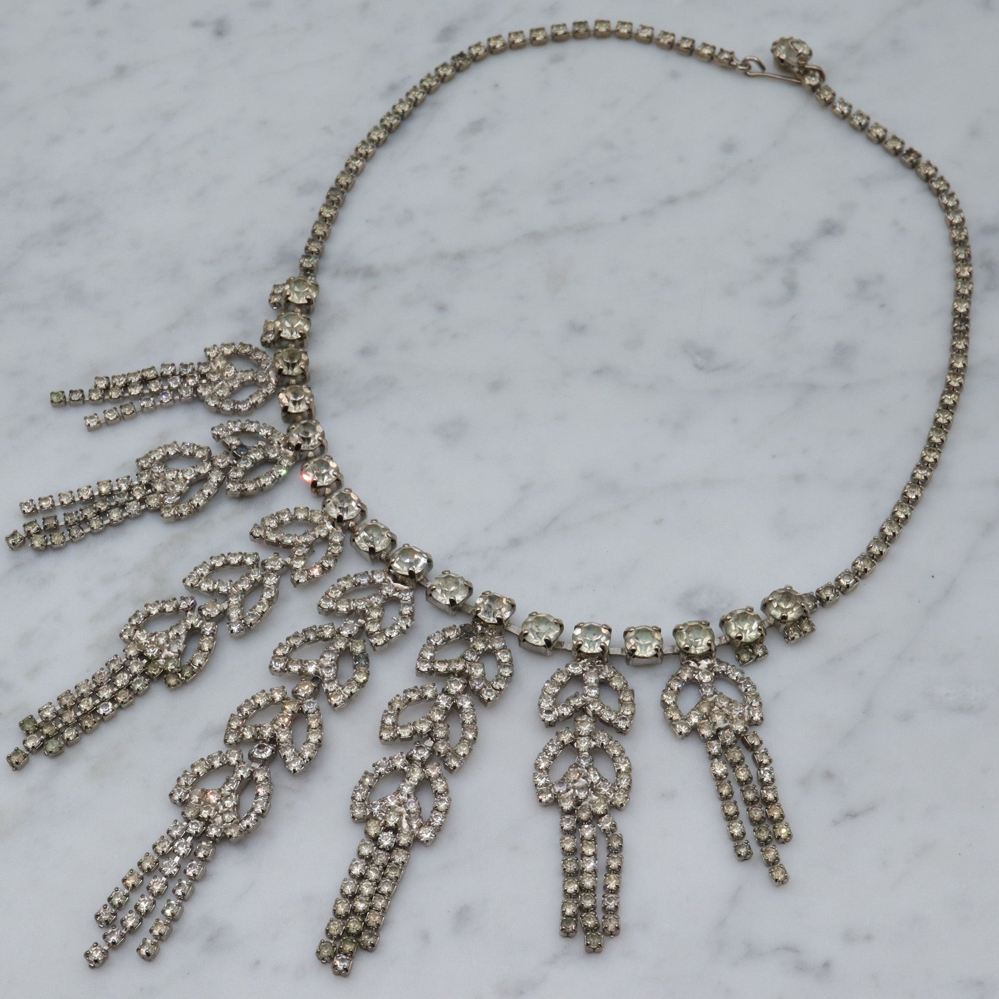 Vintage leaf drop fringe rhinestone silver tone necklace