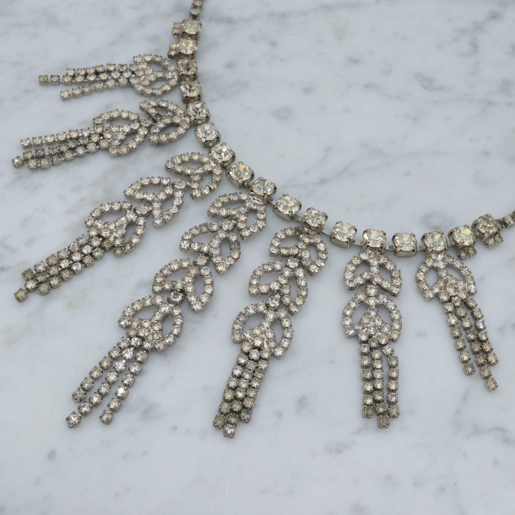 Vintage leaf drop fringe rhinestone silver tone necklace