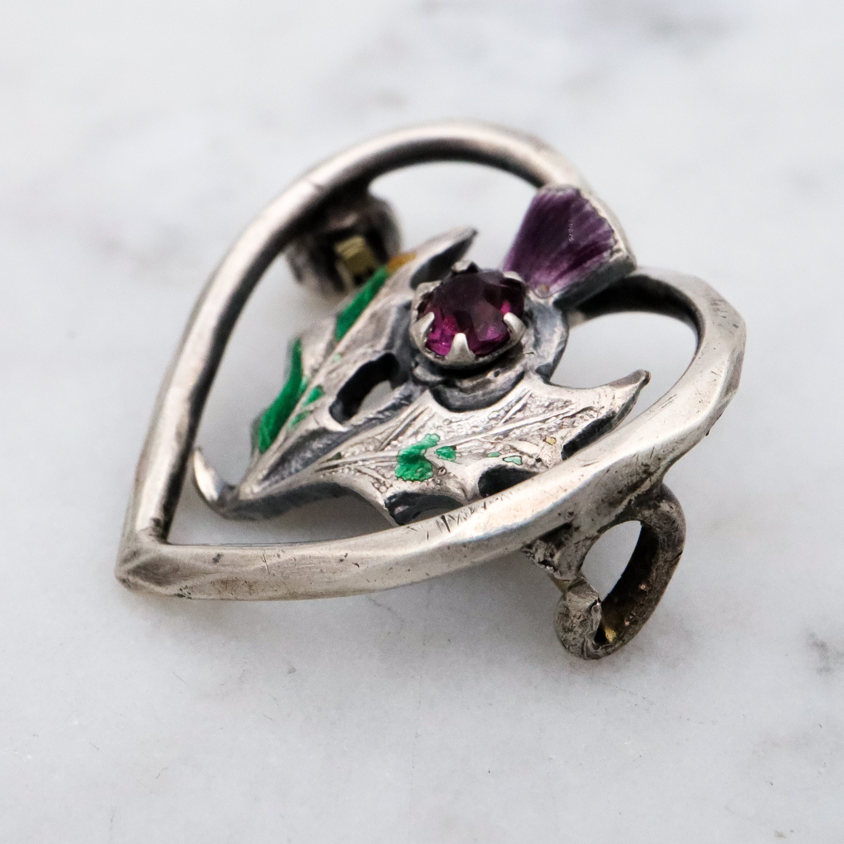 Antique Charles Horner sterling enamel thistle flower heart pin