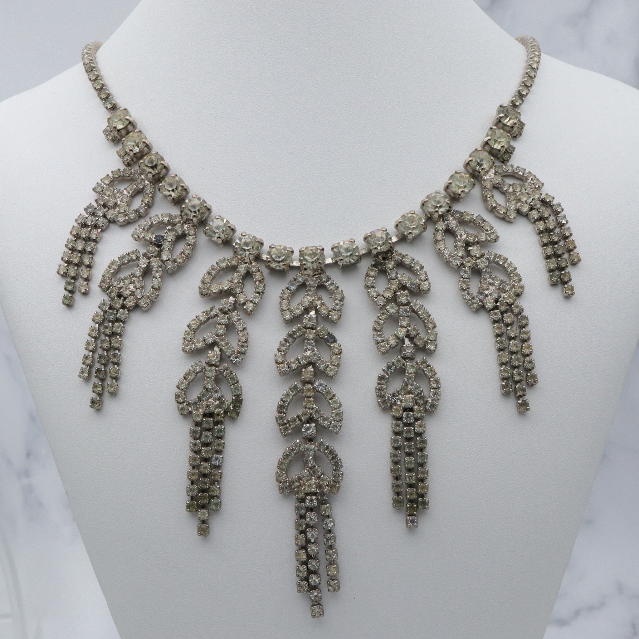 Vintage leaf drop fringe rhinestone silver tone necklace