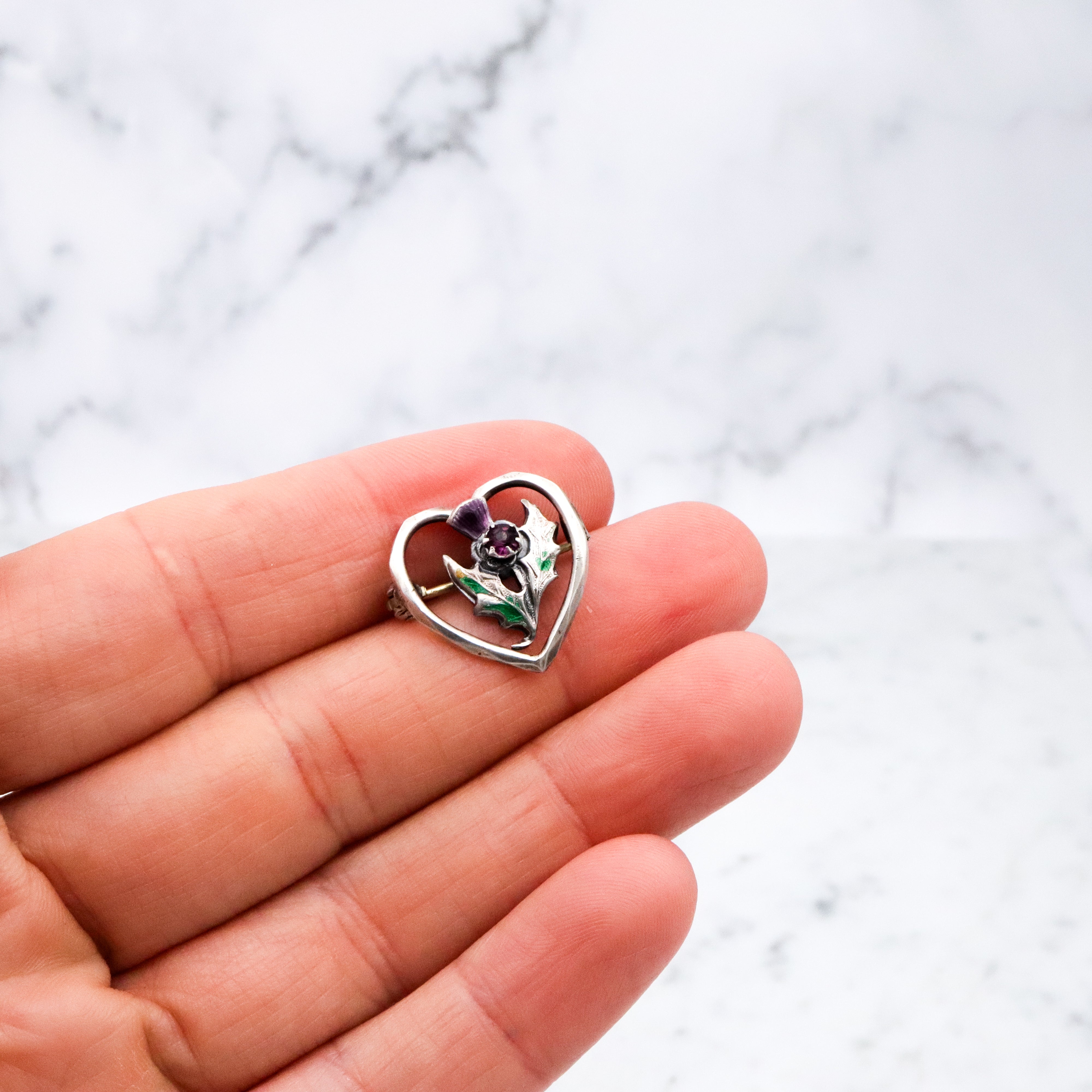 Antique Charles Horner sterling enamel thistle flower heart pin