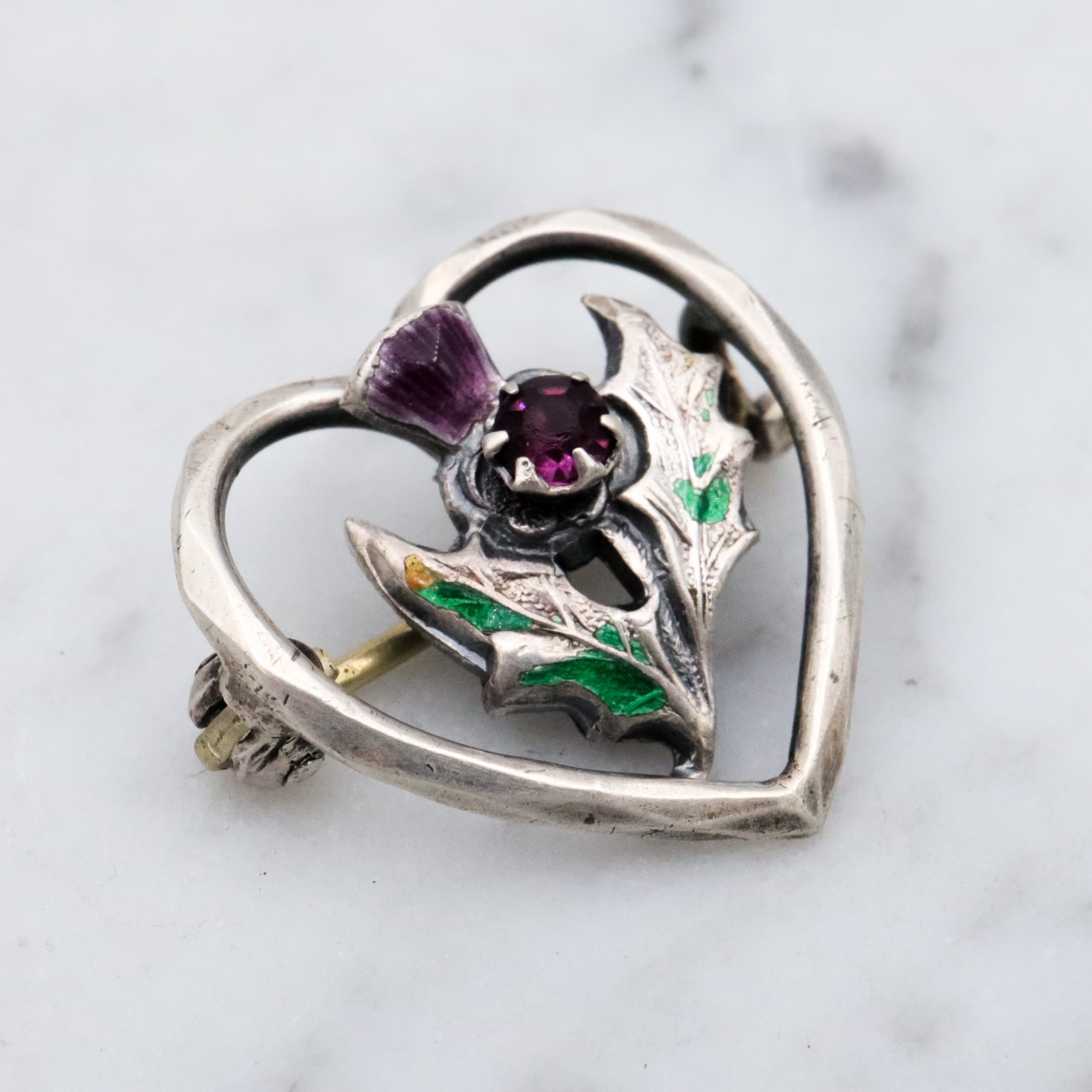 Antique Charles Horner sterling enamel thistle flower heart pin