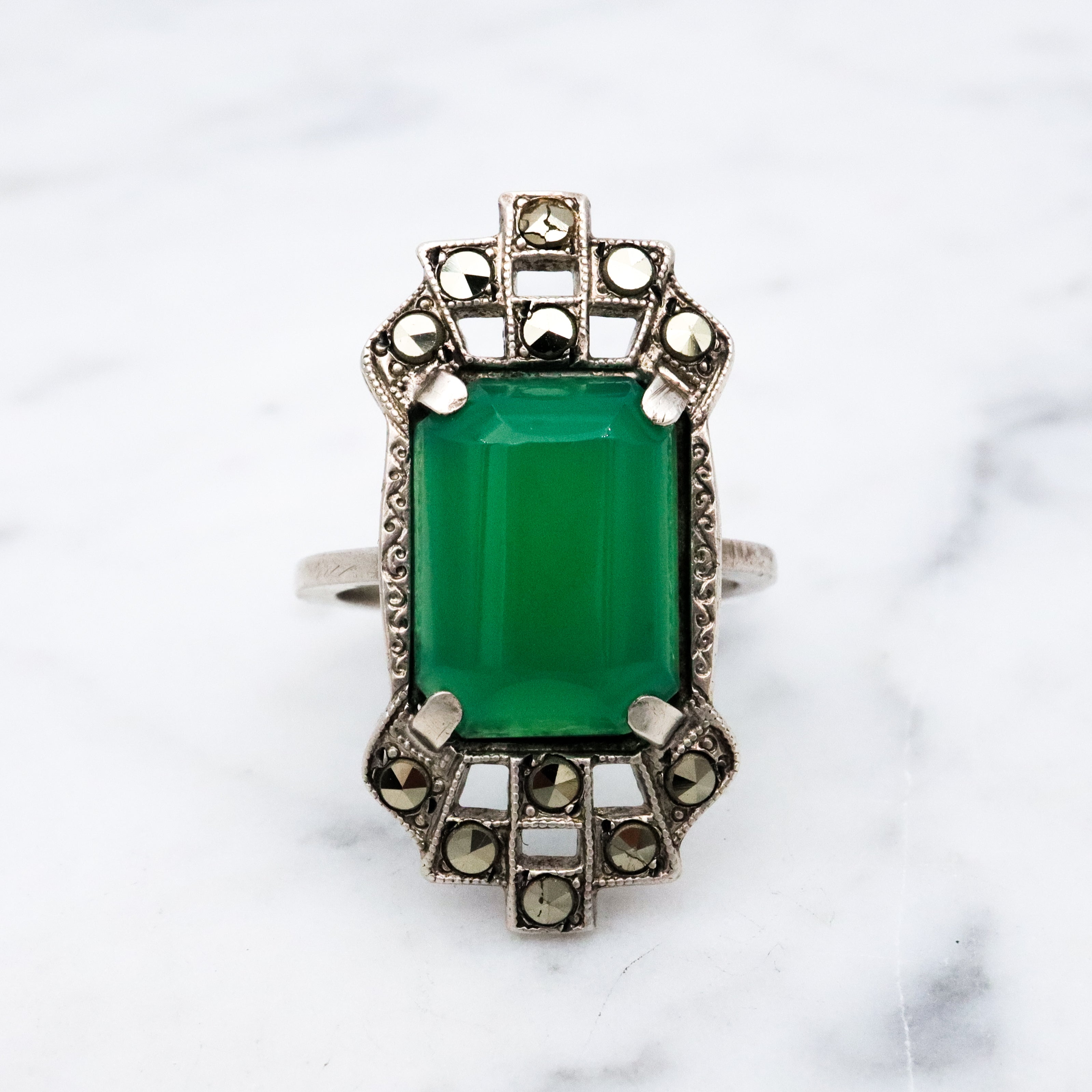 Antique Art Deco sterling green chalcedony & marcasite ring, size 7