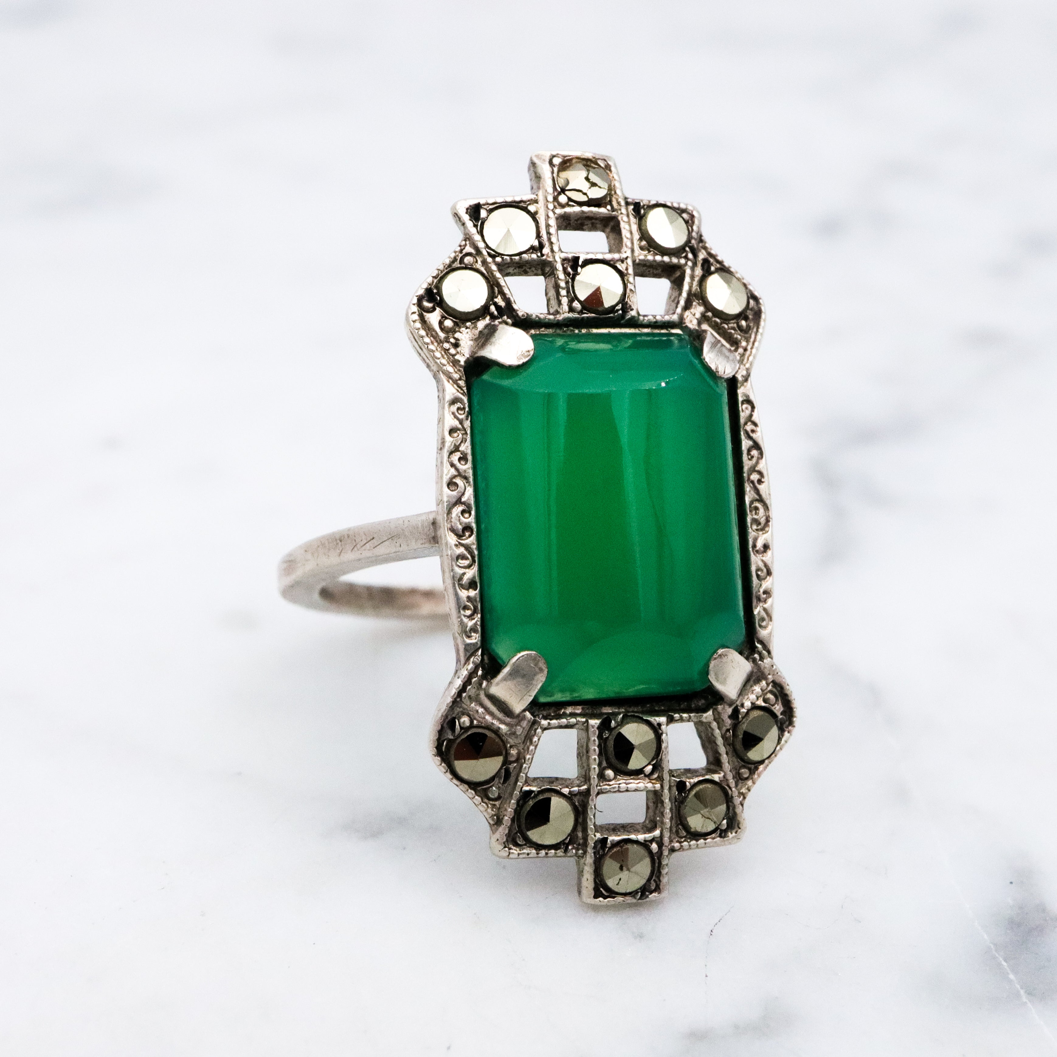 Antique Art Deco sterling green chalcedony & marcasite ring, size 7