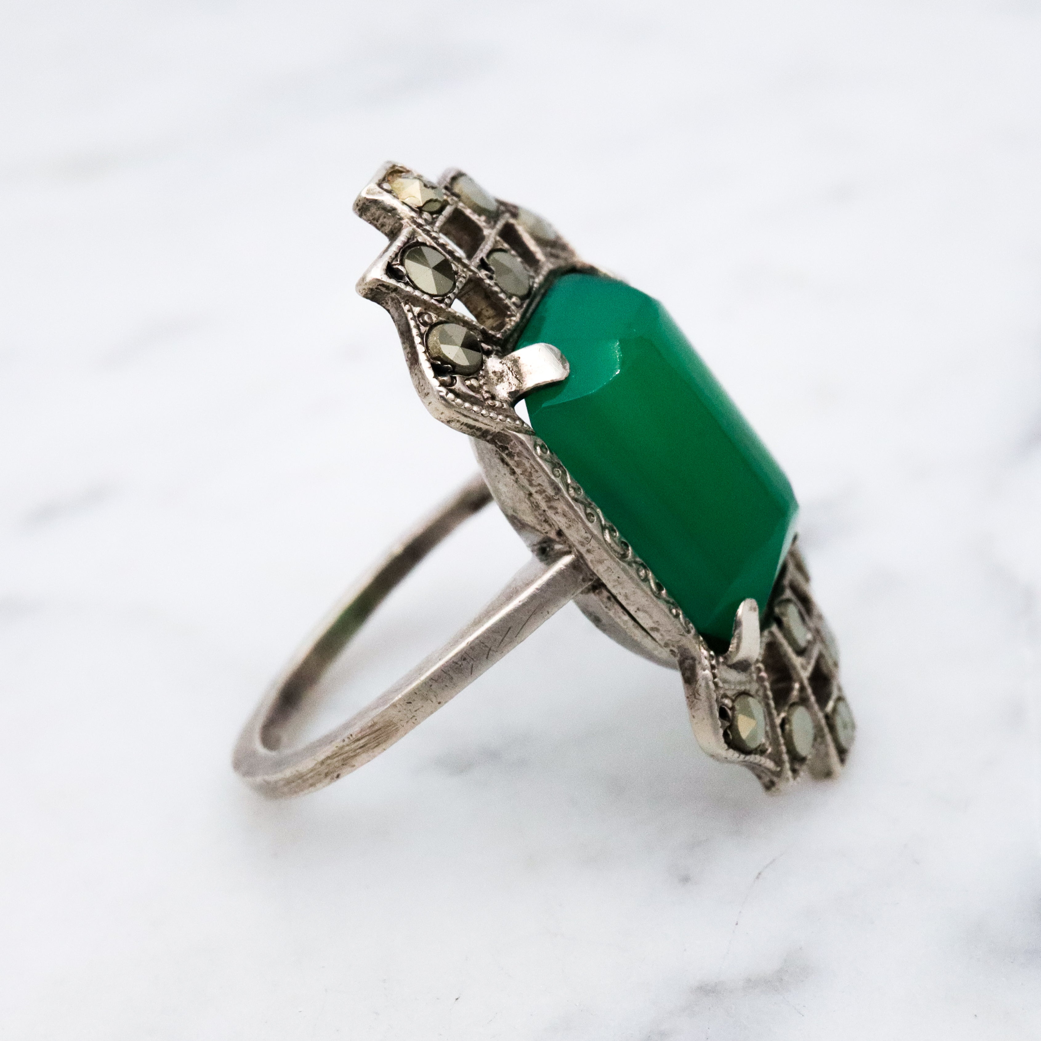 Antique Art Deco sterling green chalcedony & marcasite ring, size 7