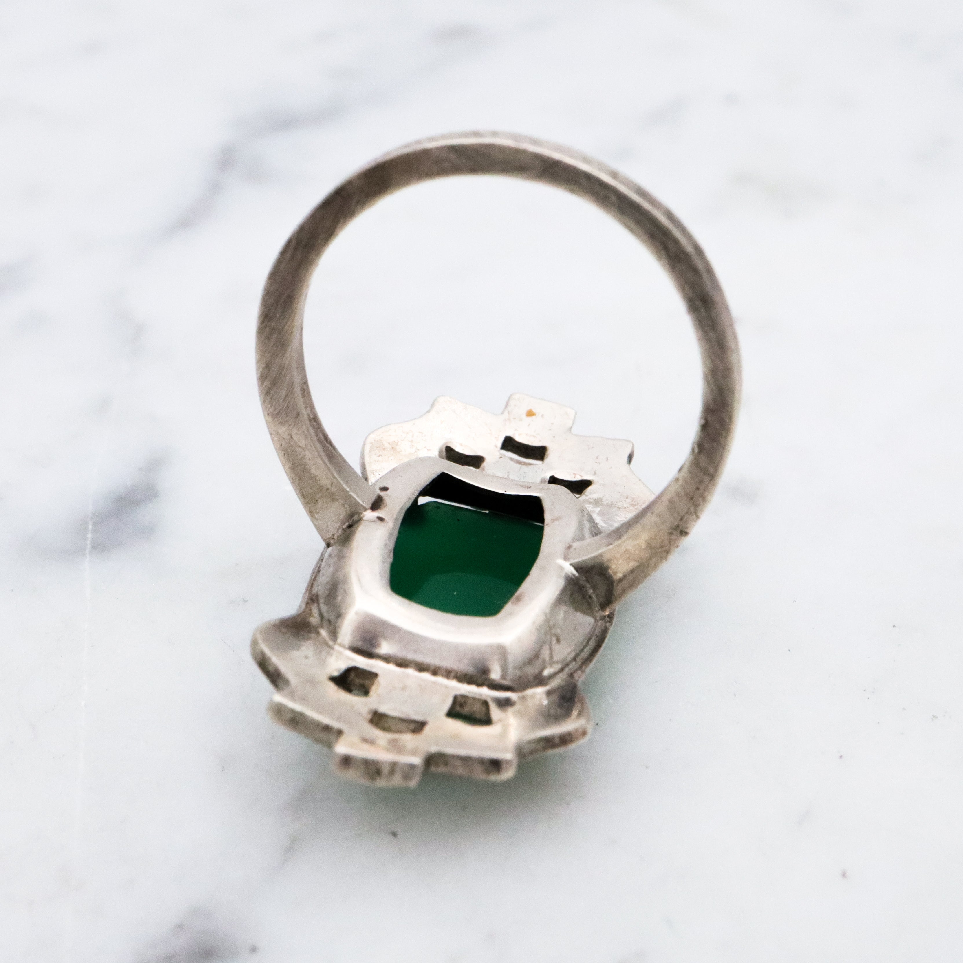 Antique Art Deco sterling green chalcedony & marcasite ring, size 7