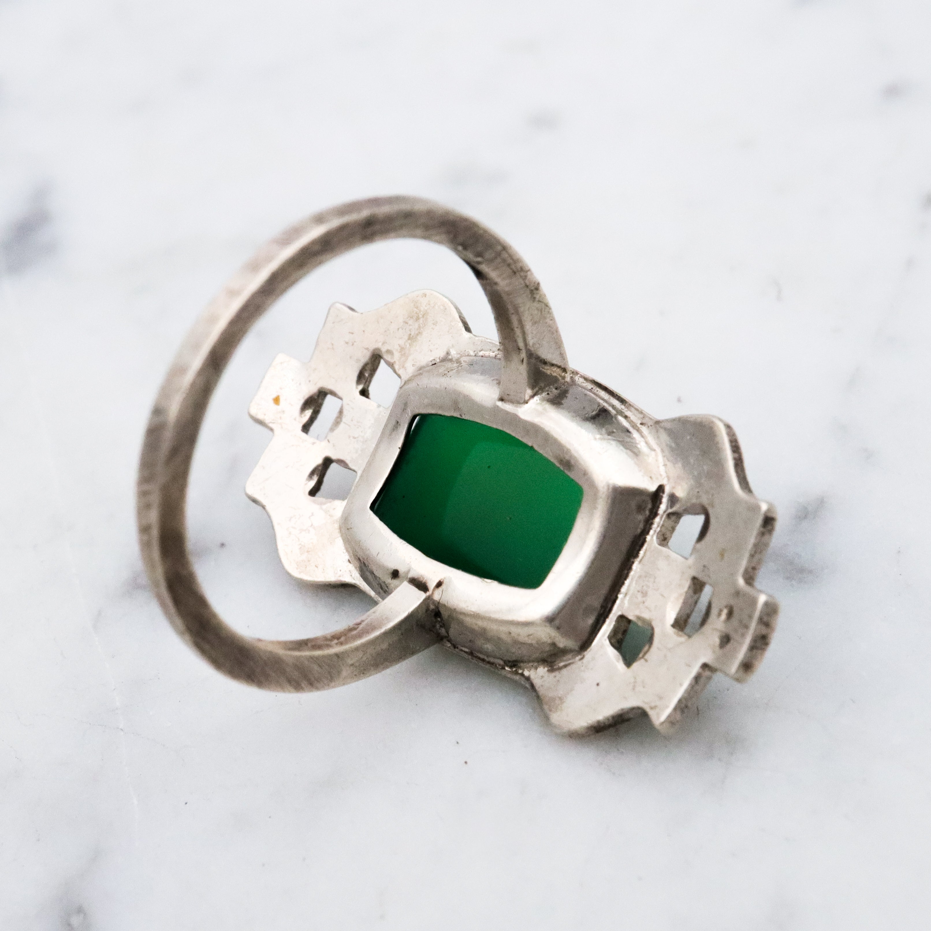 Antique Art Deco sterling green chalcedony & marcasite ring, size 7