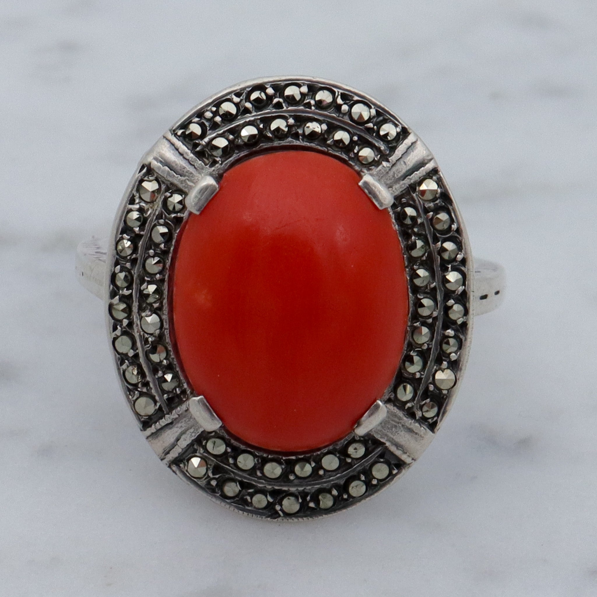 German Art Deco .800 silver, coral & marcasite ring, sz 7.5