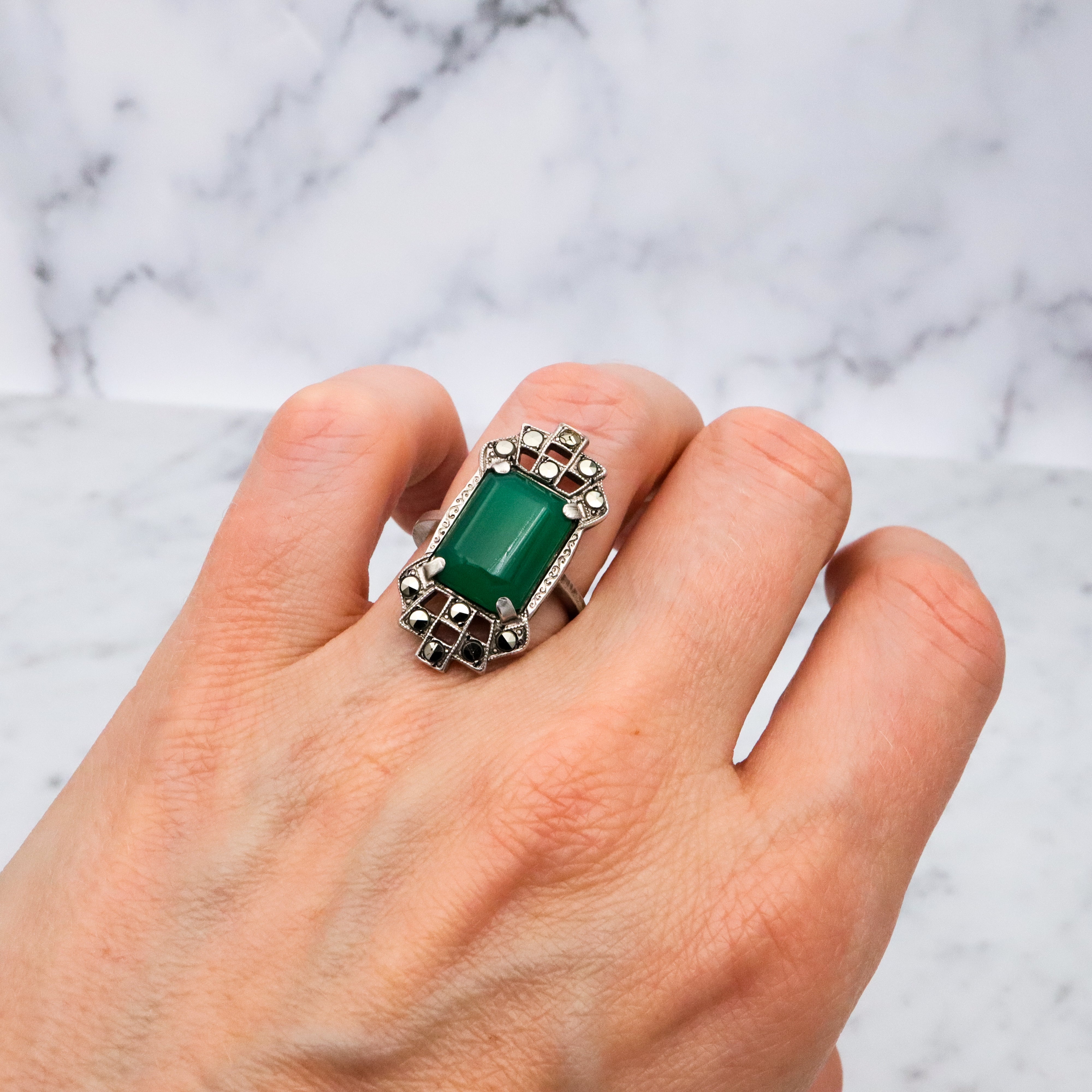 Antique Art Deco sterling green chalcedony & marcasite ring, size 7