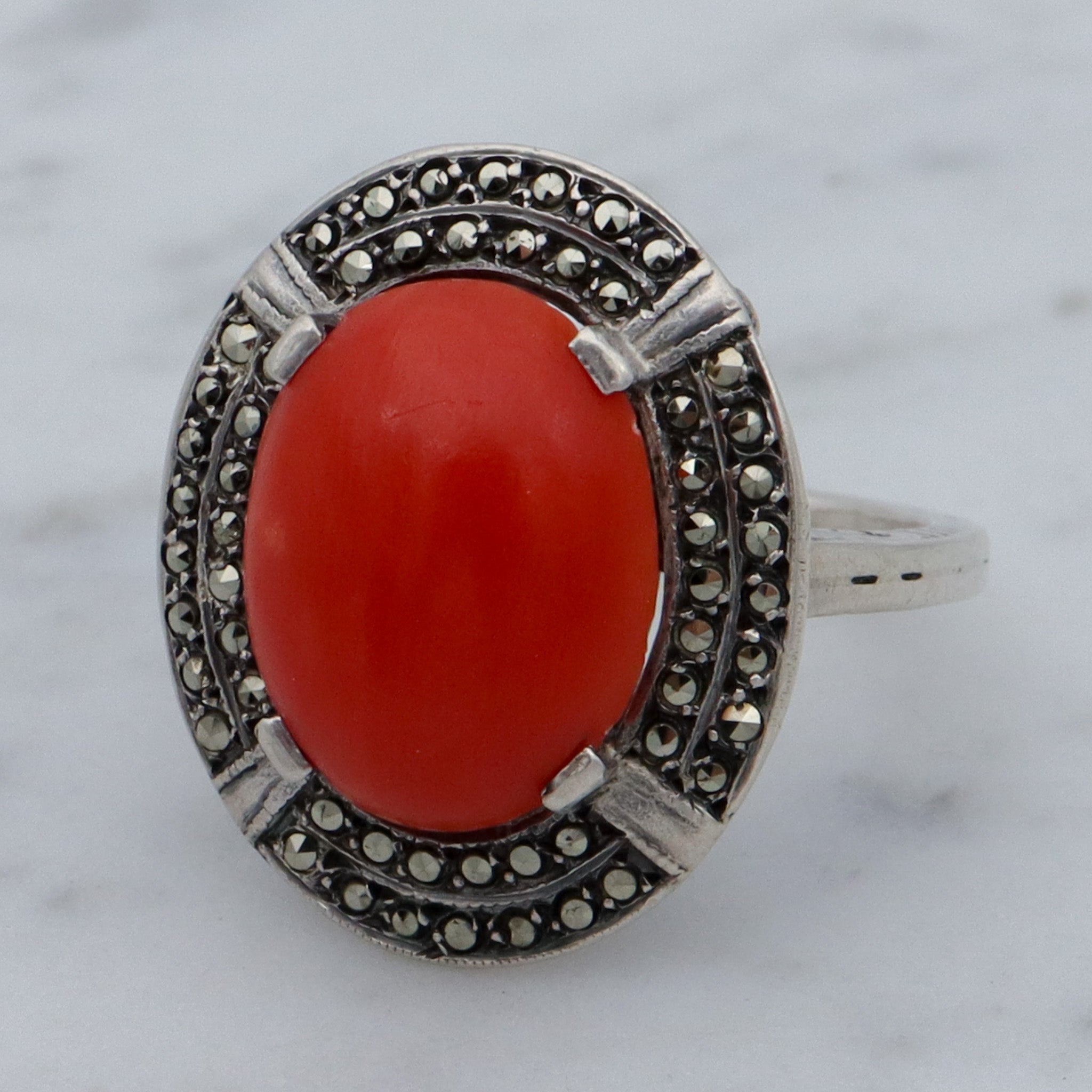 German Art Deco .800 silver, coral & marcasite ring, sz 7.5