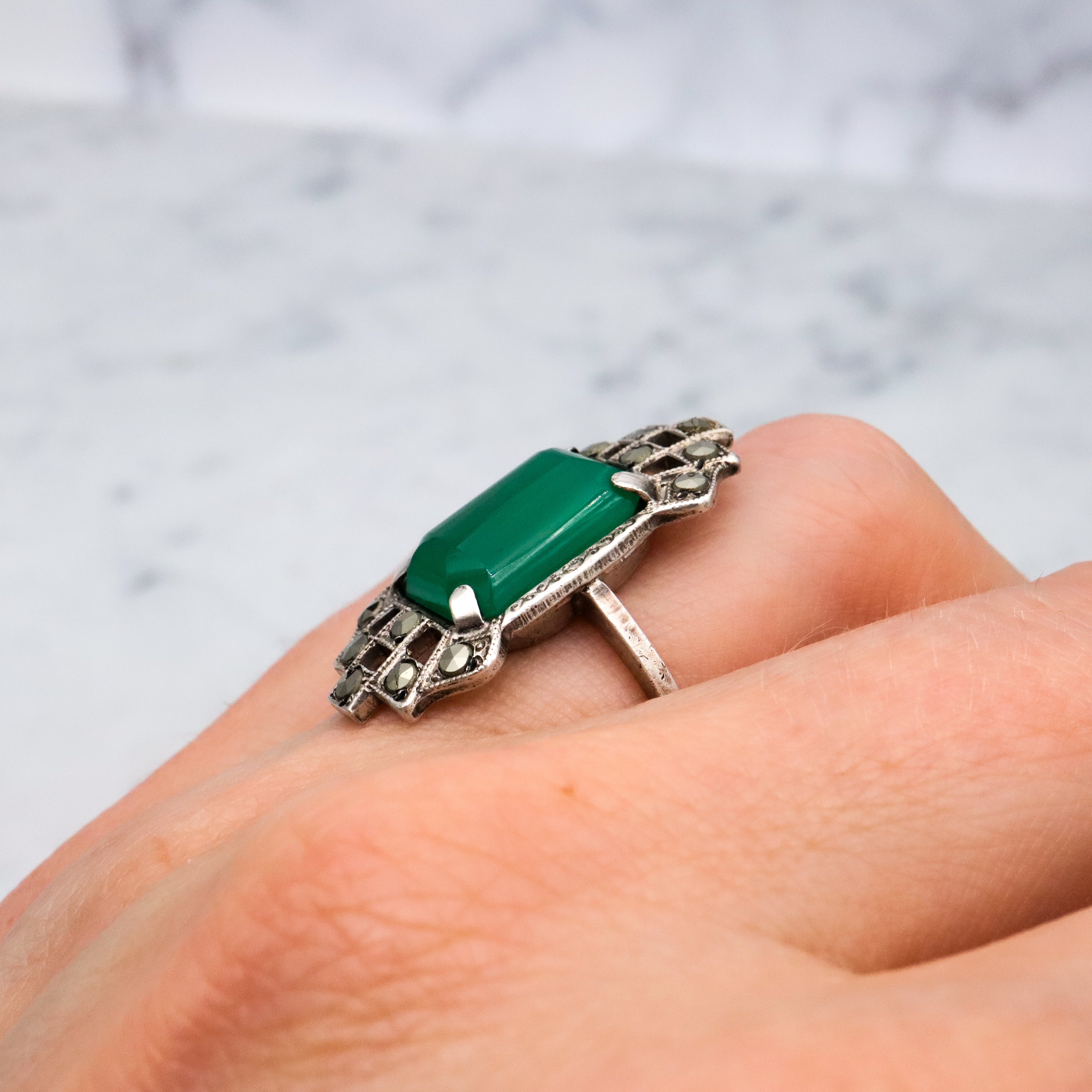 Antique Art Deco sterling green chalcedony & marcasite ring, size 7