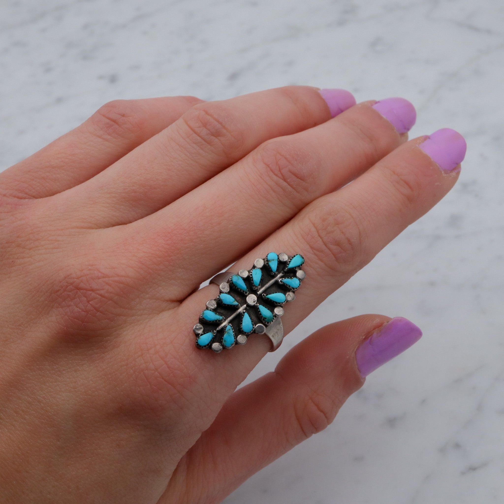 Antique Old Pawn Zuni sterling turquoise petit point navette ring, sz 8