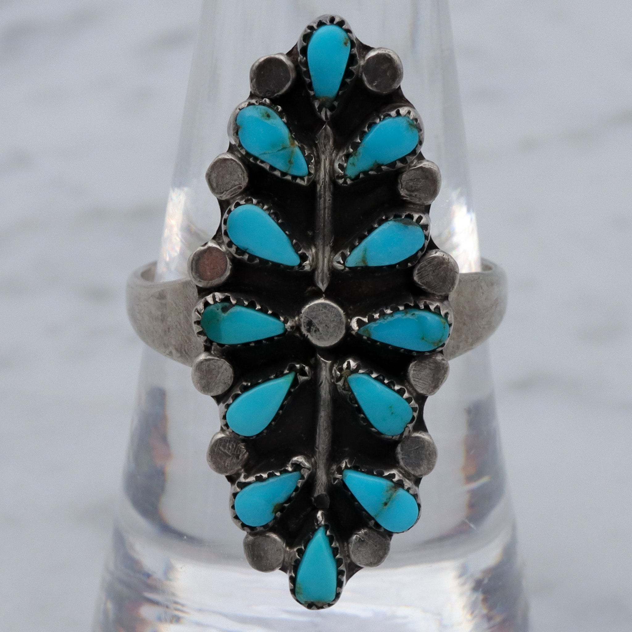 Antique Old Pawn Zuni sterling turquoise petit point navette ring, sz 8