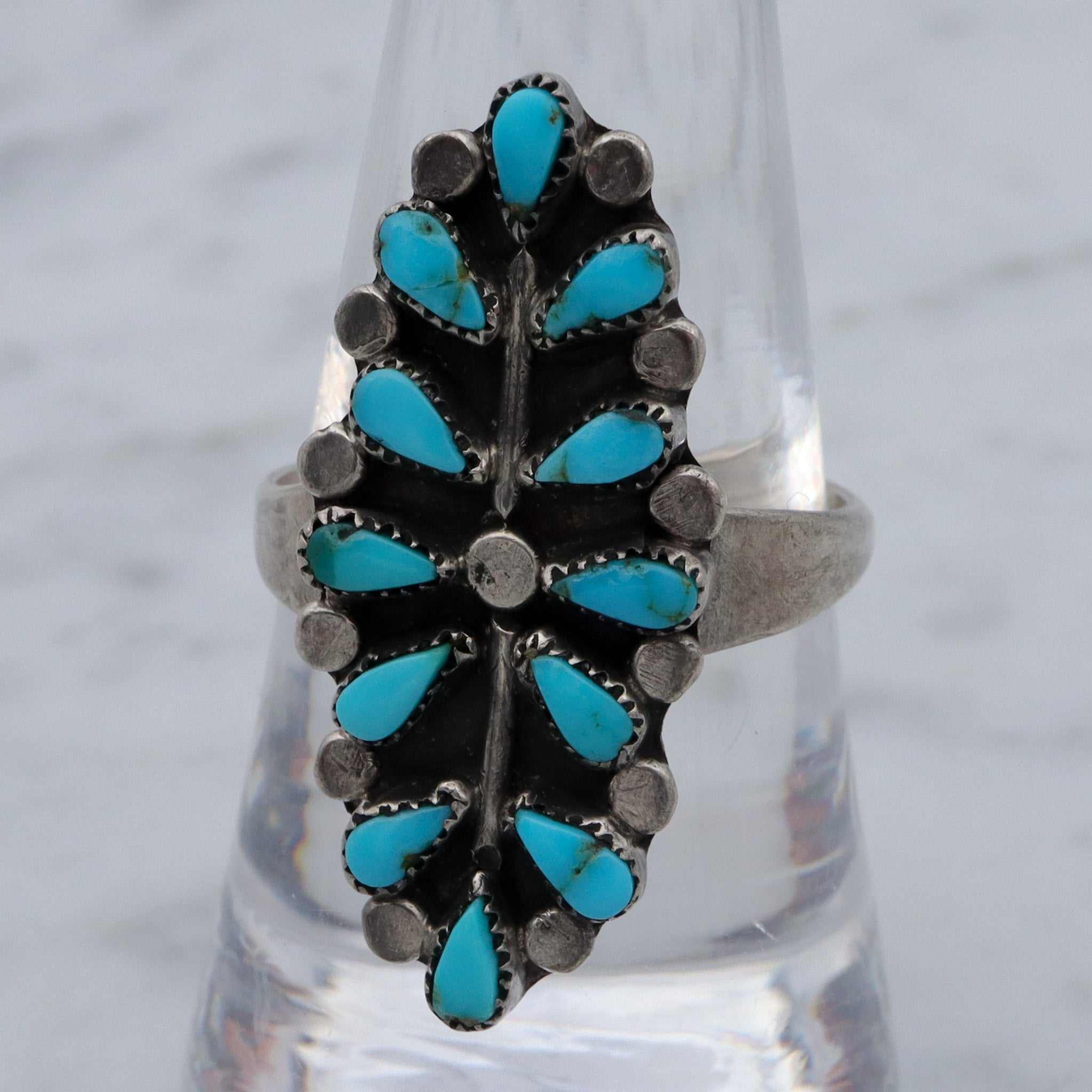 Antique Old Pawn Zuni sterling turquoise petit point navette ring, sz 8