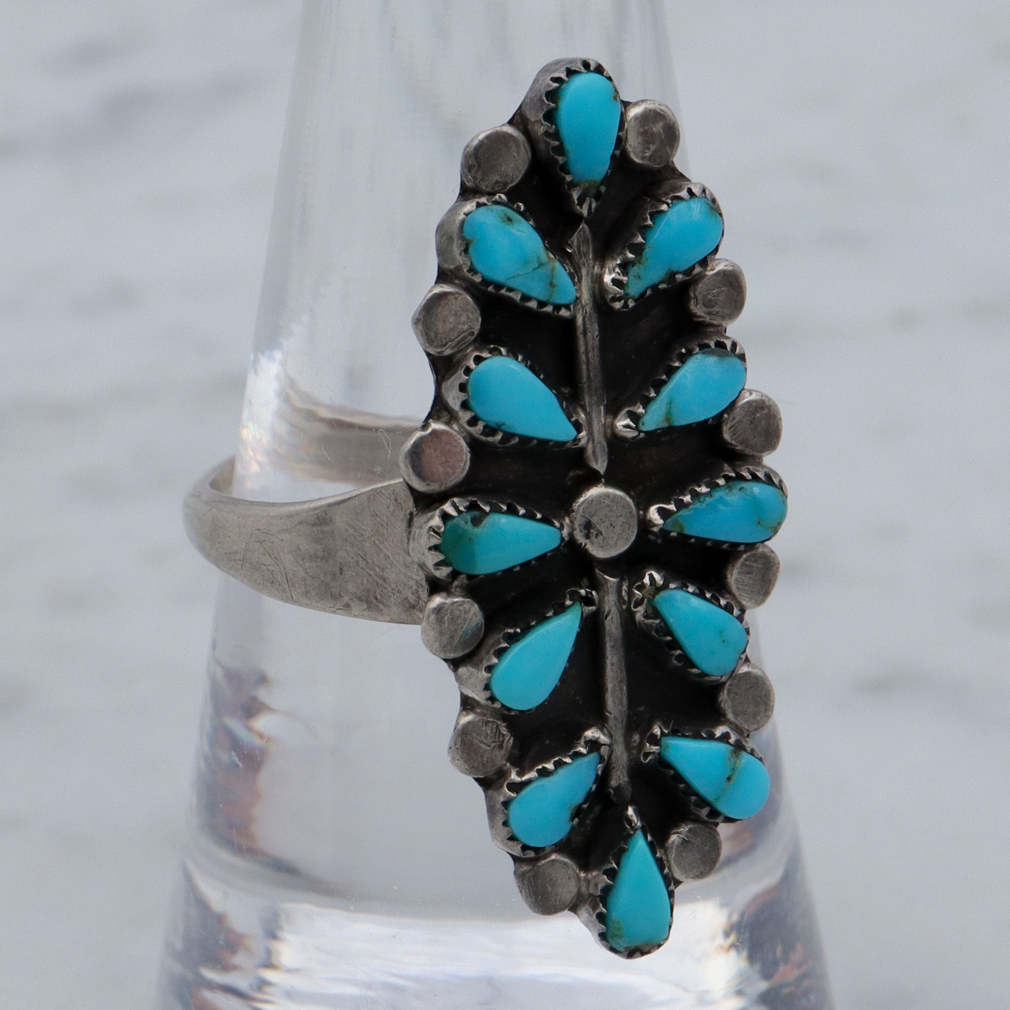 Antique Old Pawn Zuni sterling turquoise petit point navette ring, sz 8