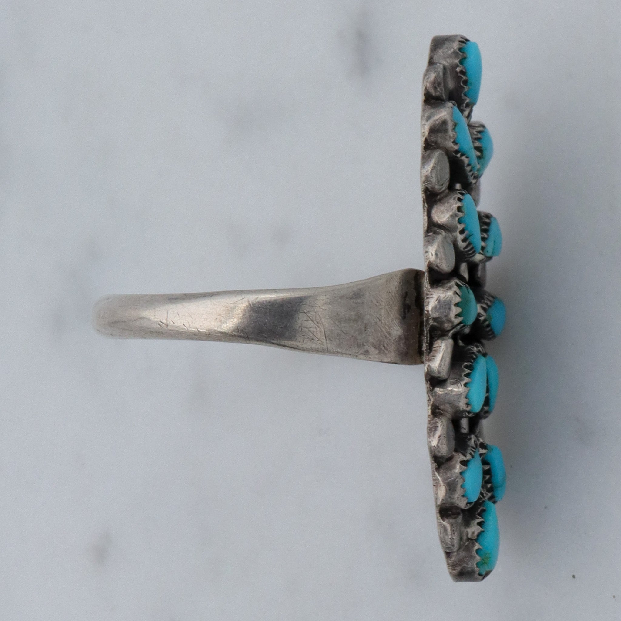 Antique Old Pawn Zuni sterling turquoise petit point navette ring, sz 8