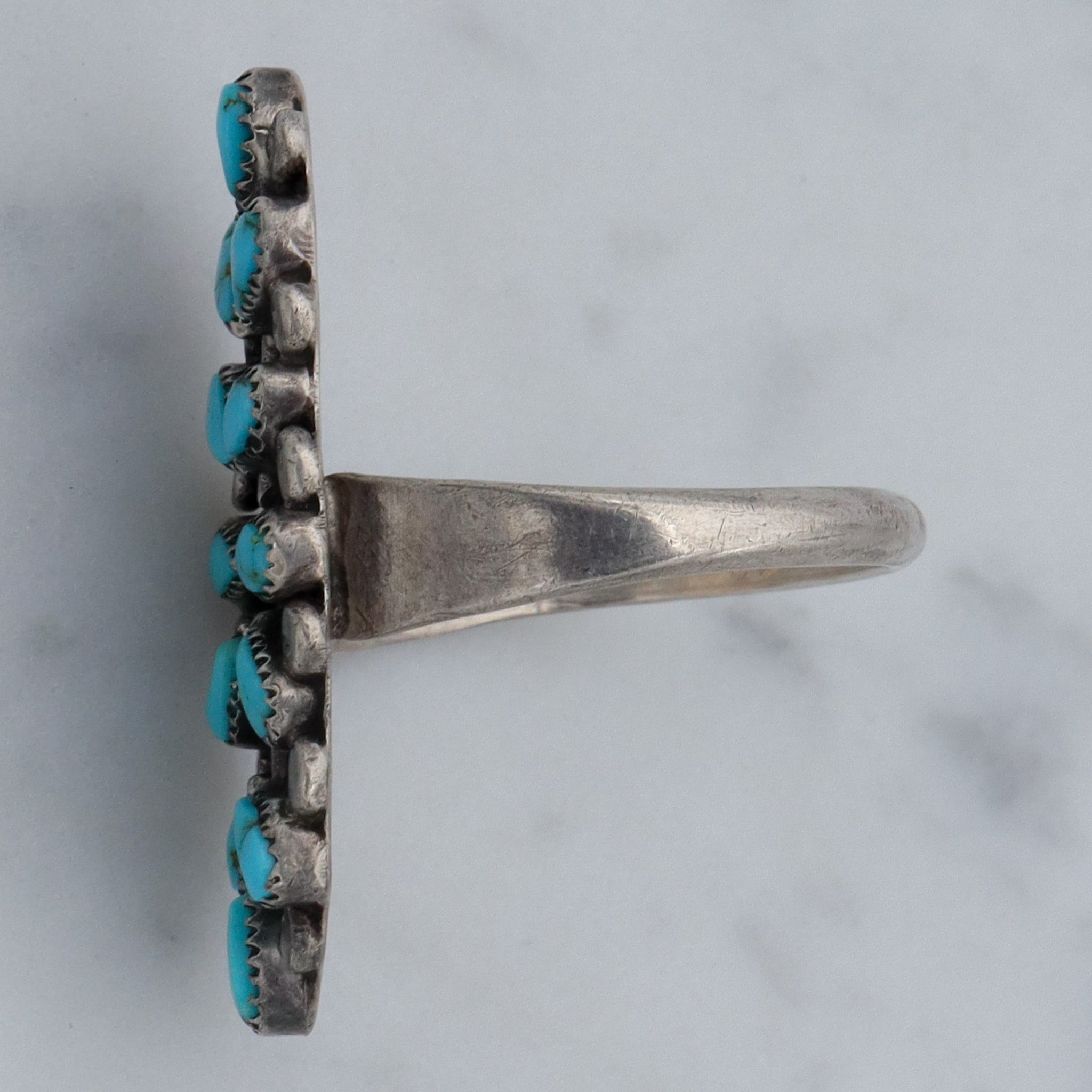 Antique Old Pawn Zuni sterling turquoise petit point navette ring, sz 8