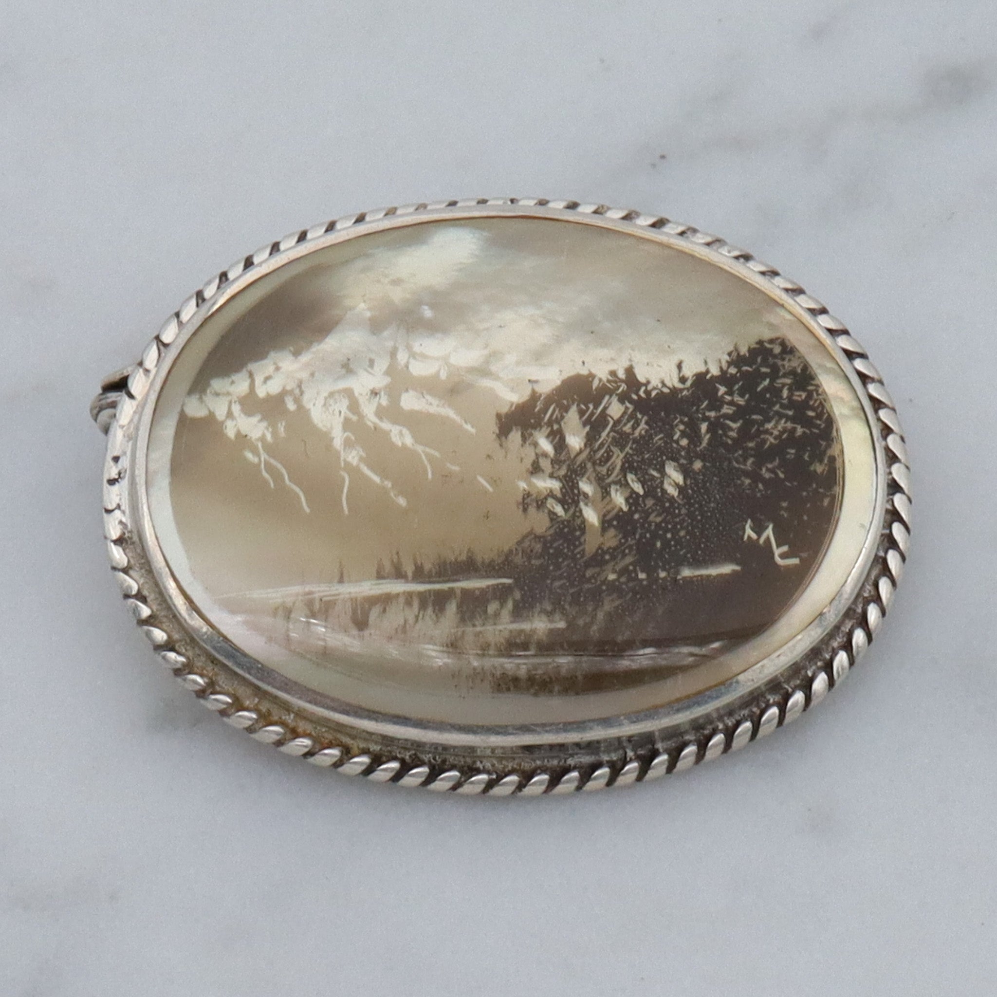 Vintage transfer printed miniature painting on mother of pearl and sterling brooch