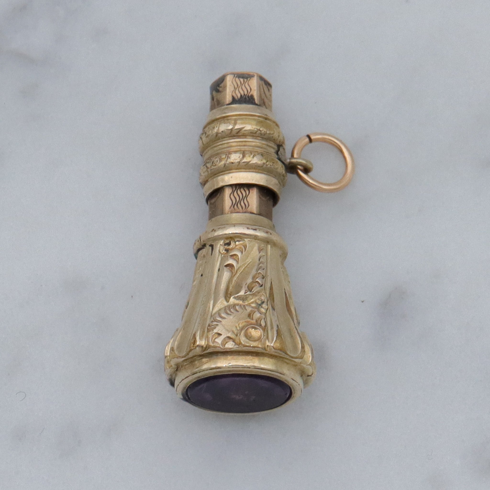 Antique Victorian repousse rolled gold & faux amethyst fob pendant